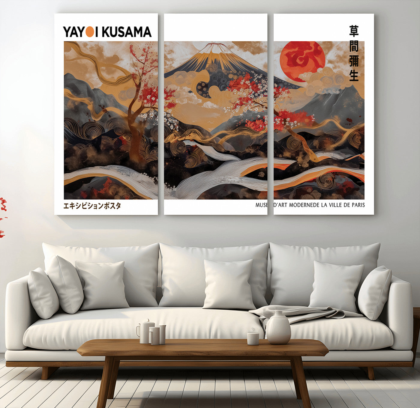 40959107-MGV-CV-36X24-Japanese Fuji Wall Art Print – Red Sun & Cherry Blossom Poster, Gold Wave Ukiyo-e Inspired Modern Japan Landscape Painting,
