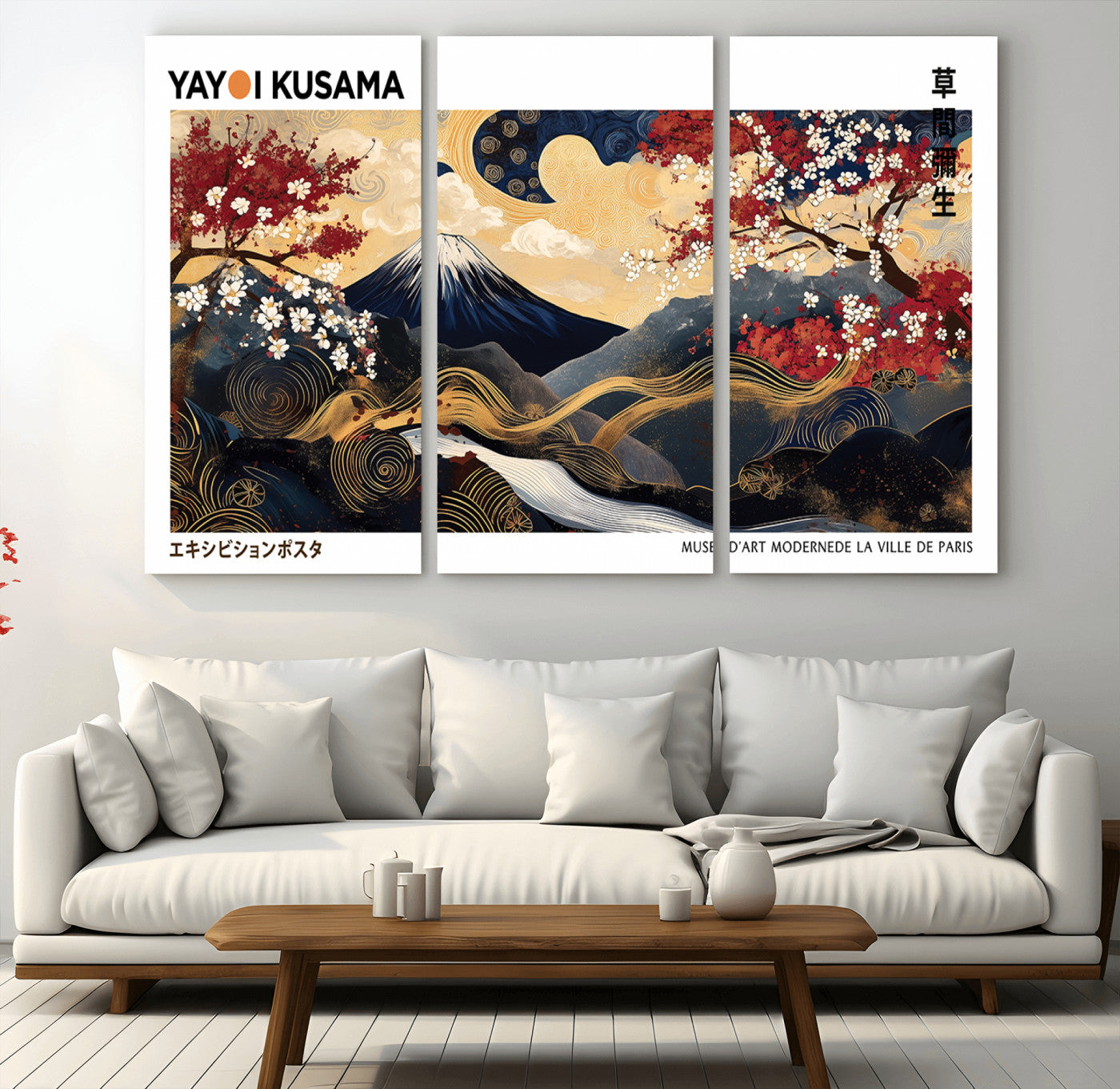 66243961-MGV-CV-36X24-Mount Fuji Japanese Wall Art – Golden Abstract Landscape Canvas Print, Cherry Blossom Painting, Modern Oriental Zen Home Decor