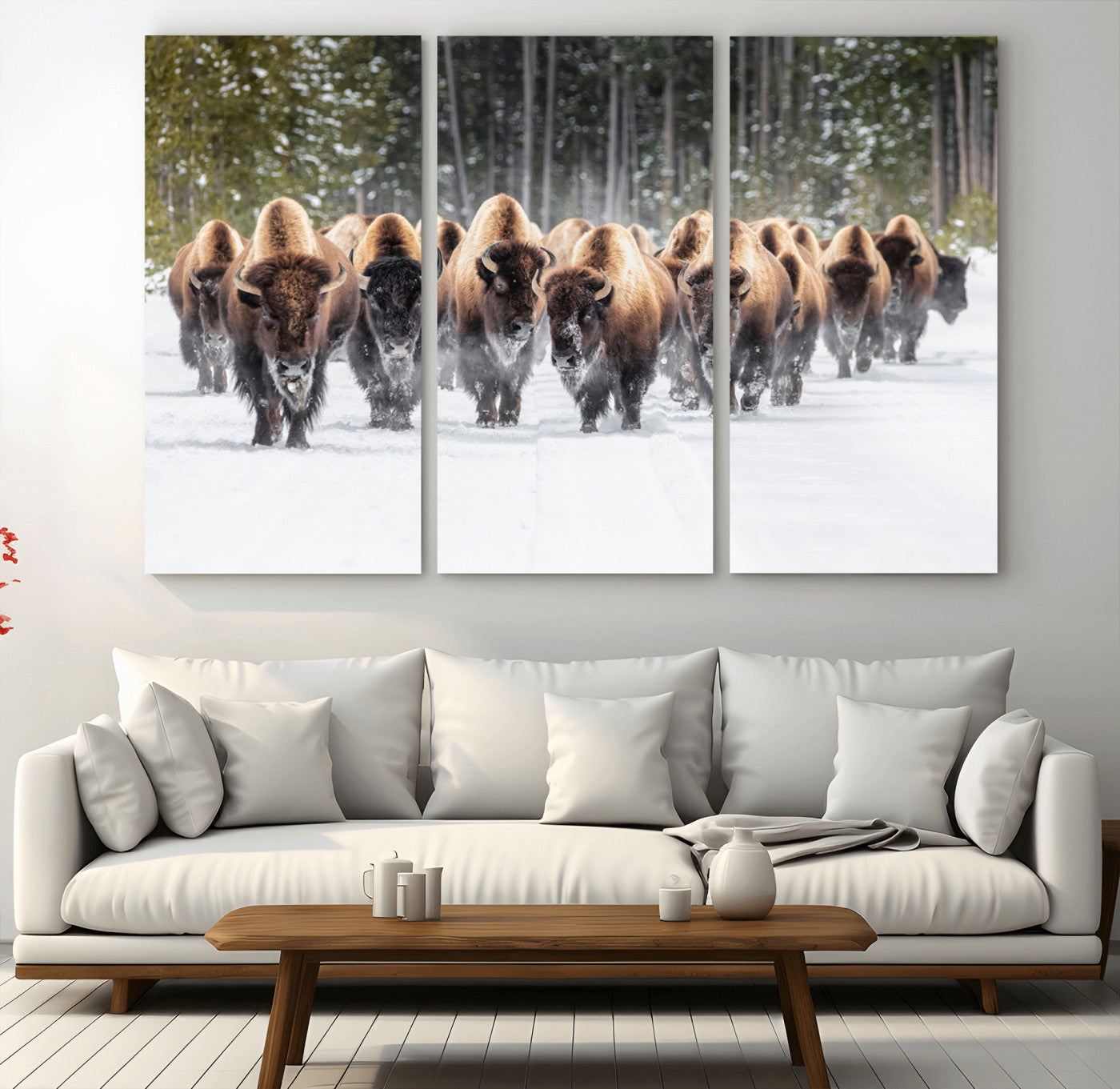 22695857-MGV-CV-48X32-3P-Bison Herd Scene Wall Art Canvas Print, Framed Western Wildlife Art Picture Print, Rustic Animal Art Perfect Rustic Lodge Decor