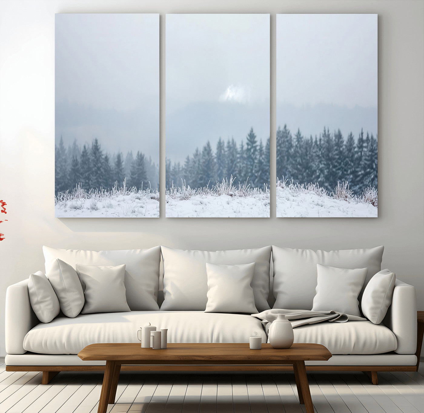 33033082-MGV-CV-48X32-3P-Winter Forest Art Wall Art Canvas Print, Framed Snowy Landscape Art Picture Print, Misty Tree Scene Perfect Nordic Minimalist