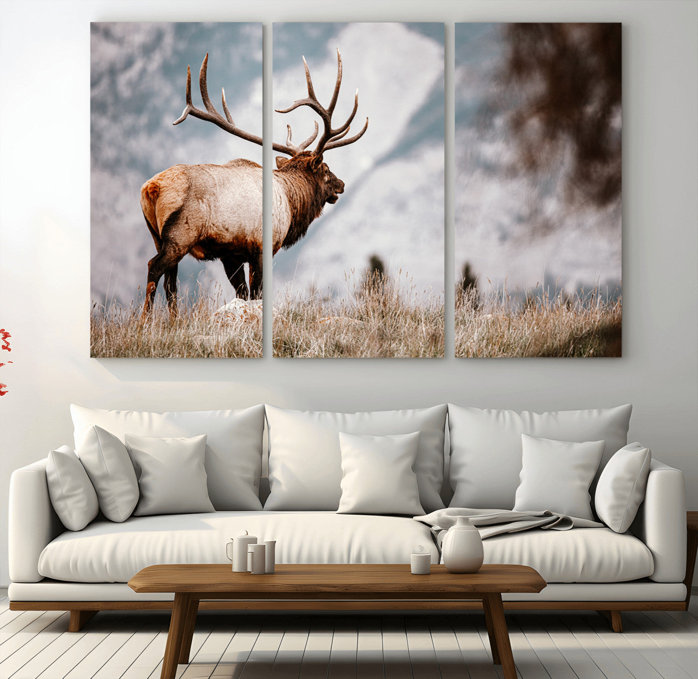 70489411-MGV-CV-48X32-3P-Elk Photography Wall Art Canvas Print, Framed Mountain Wildlife Art Picture Print, Rustic Nature Decor Perfect Rustic Lodge Decor