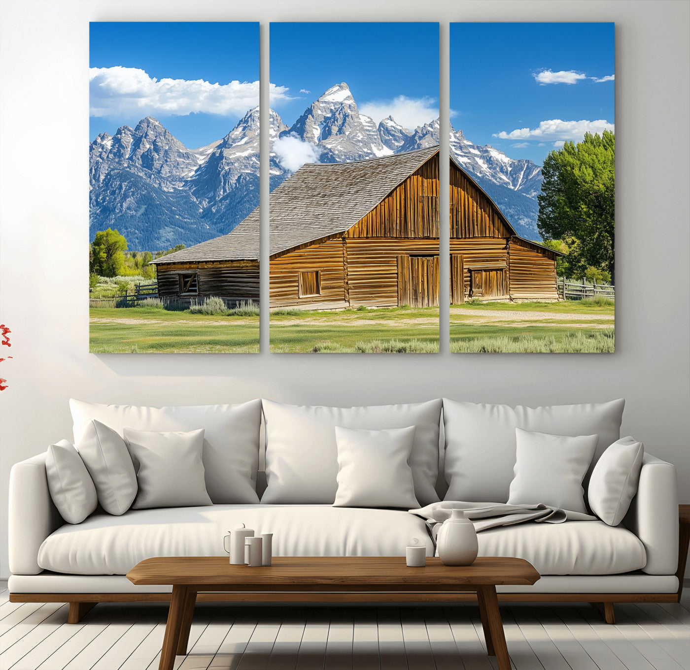 75948467-MGV-CV-48X32-3P-Mountain Barn Scene Wall Art Canvas Print, Framed Rustic Farmhouse Style Art Picture Print, Country Cabin Decor Perfect Rustic