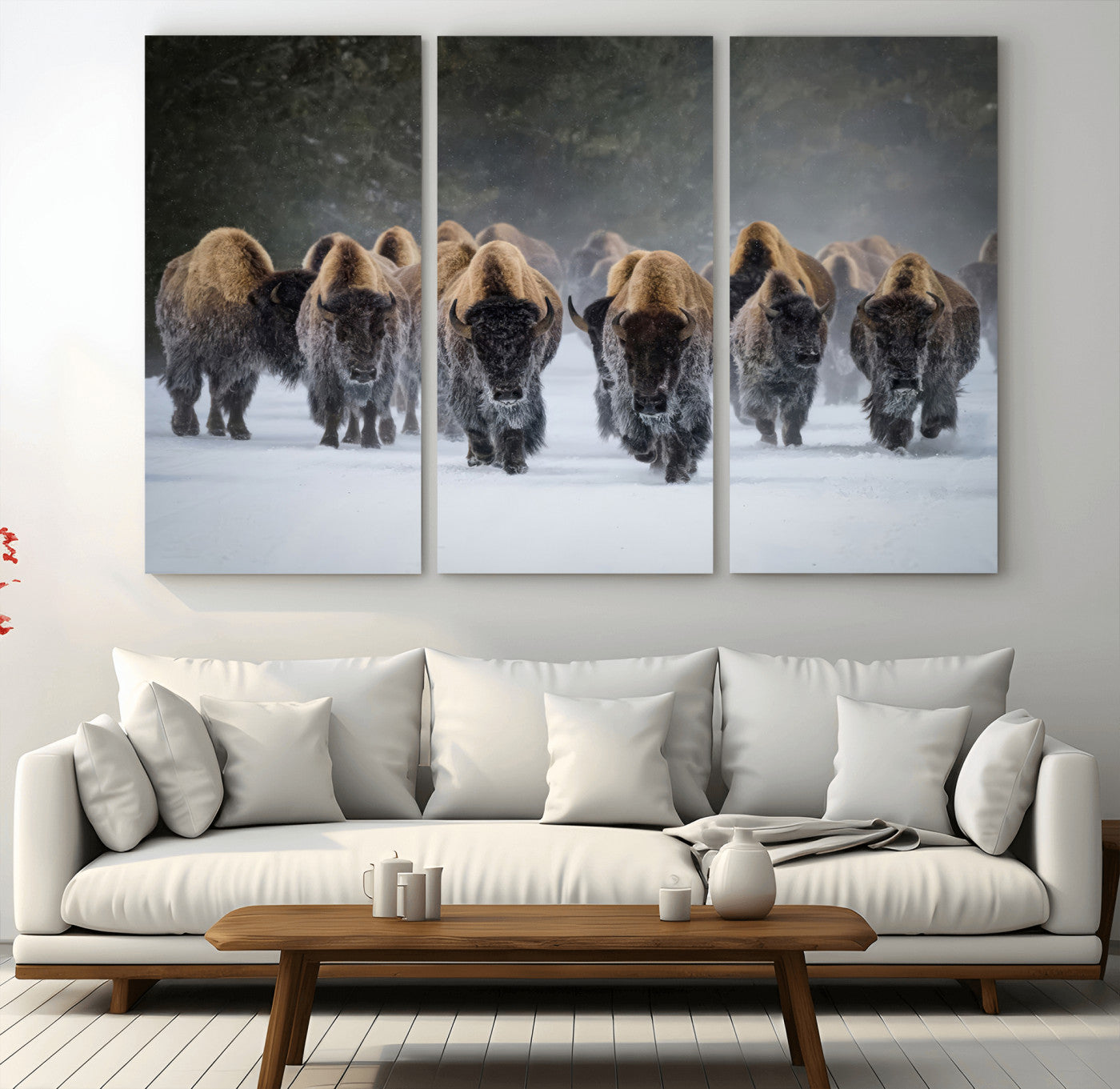 41669135-MGV-CV-36X24-Bison Herd Scene Wall Art Canvas Print, Framed Rustic Wildlife Decor Art Picture Print, Snowy Bison Landscape Perfect Rustic