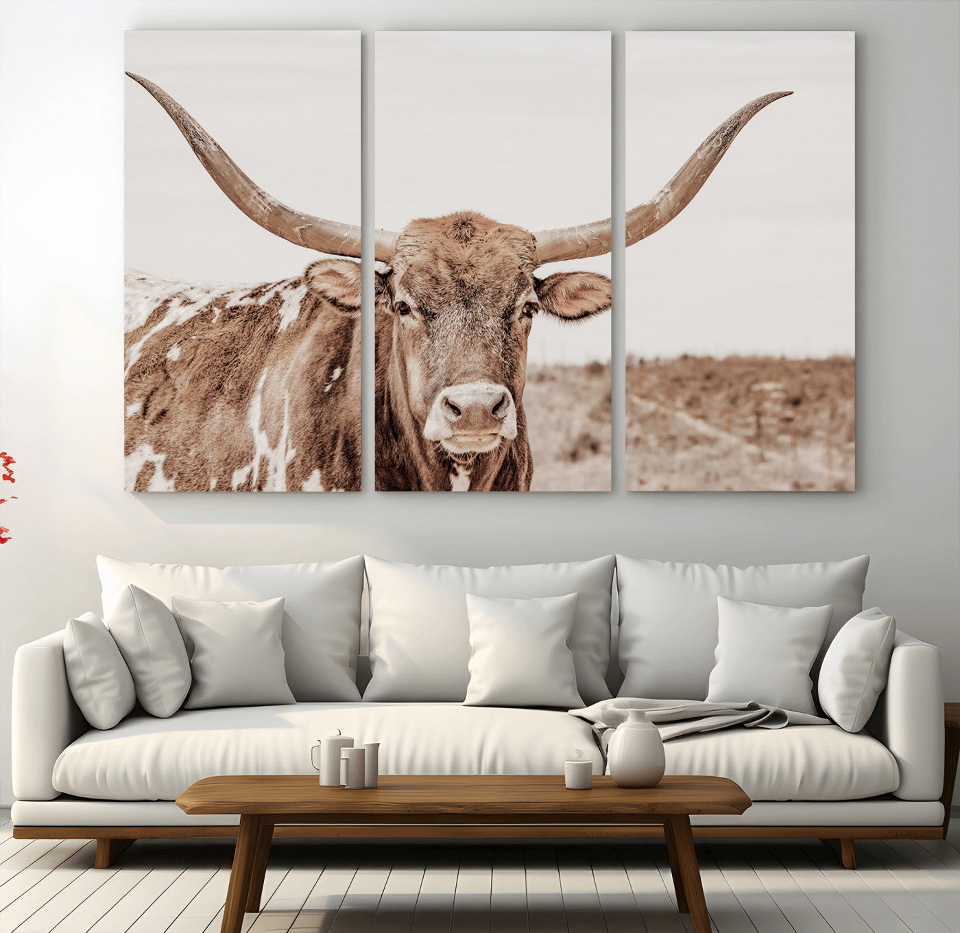 77810049-MGV-CV-48X32-3P-Longhorn Bull Photo Wall Art Canvas Print, Framed Rustic Cow Decor Art Picture Print, Neutral Farmhouse Style Perfect Rustic