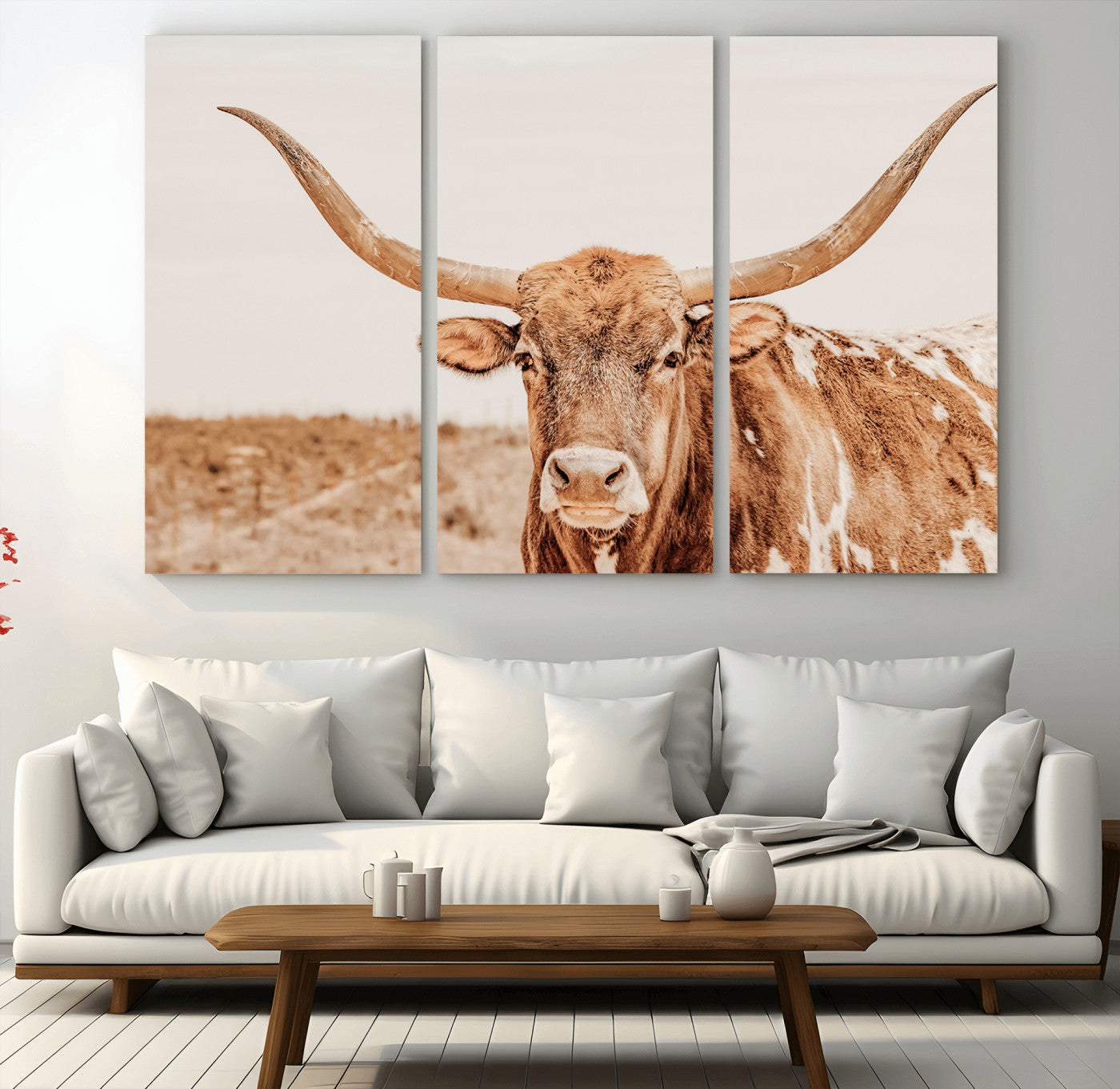 74406977-MGV-CV-36X24-Longhorn Bull Decor Wall Art Canvas Print, Framed Western Cow Theme Art Picture Print, Rustic Farmhouse Wall Perfect Neutral