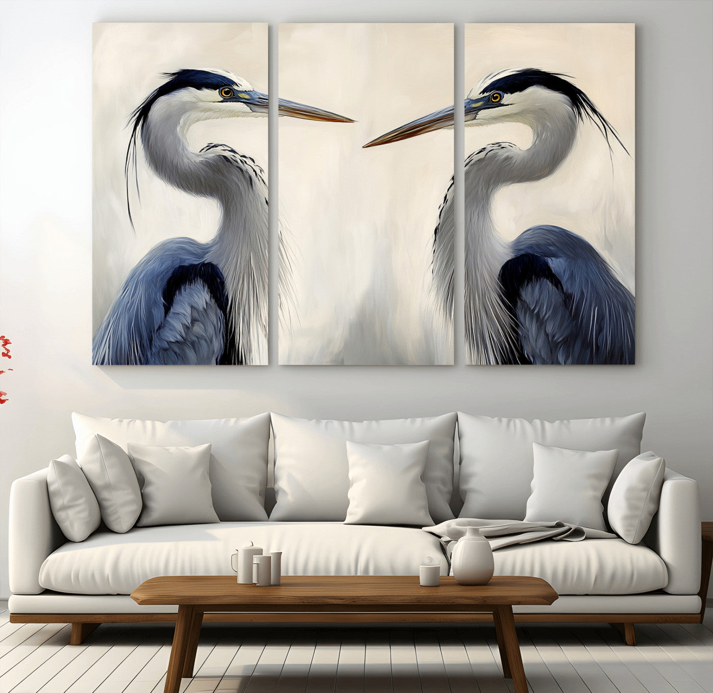 18230556-MGV-CV-36X24-Blue Heron Pair Wall Art Canvas Print, Framed Coastal Bird Theme Art Picture Print, Tranquil Wildlife Scene Perfect Coastal