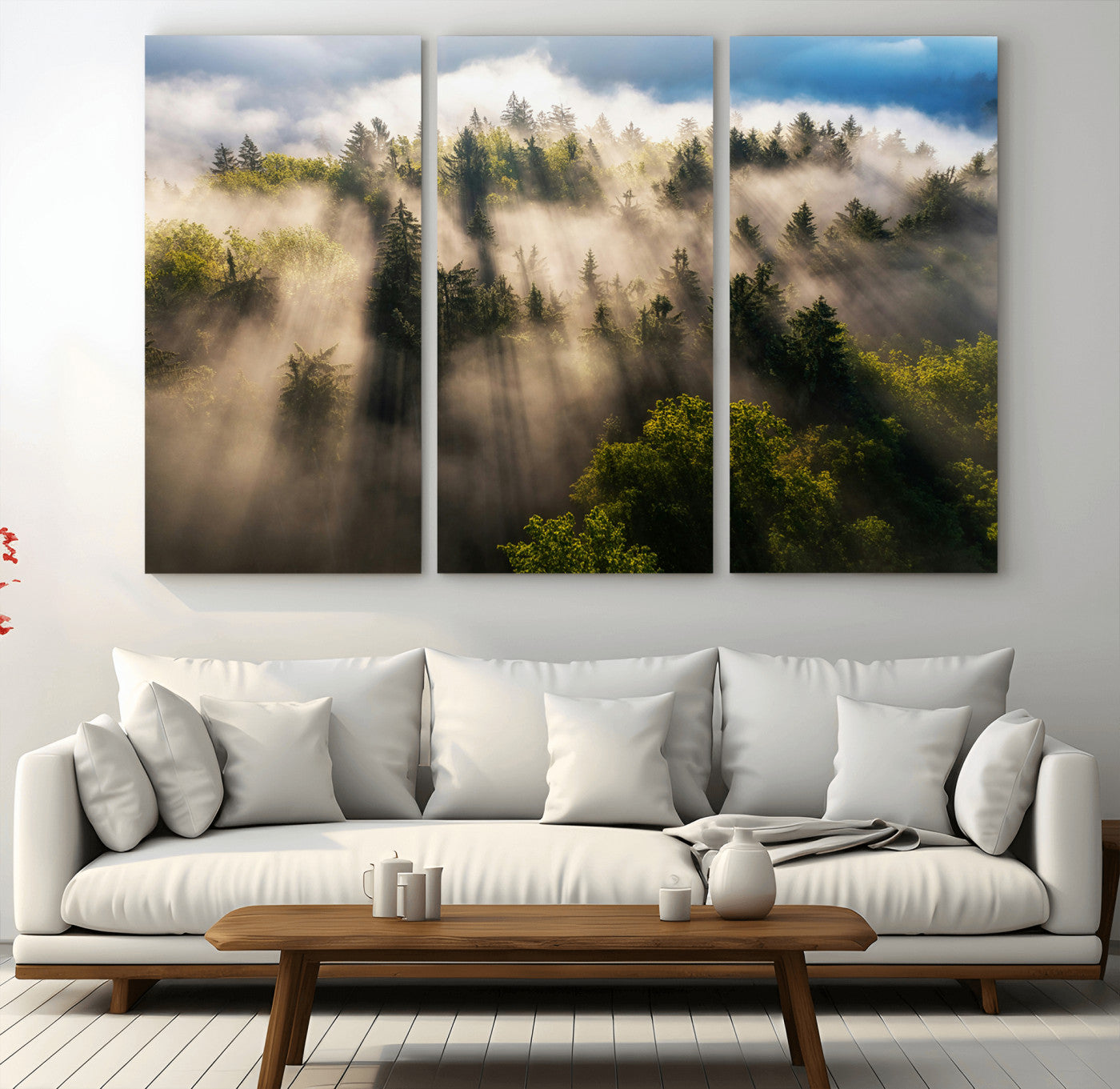14785710-MGV-CV-36X24-Tranquil Forest Scene Wall Art Canvas Print, Framed Sunbeam Through Trees Art Picture Print, Moody Green Wall Art Perfect