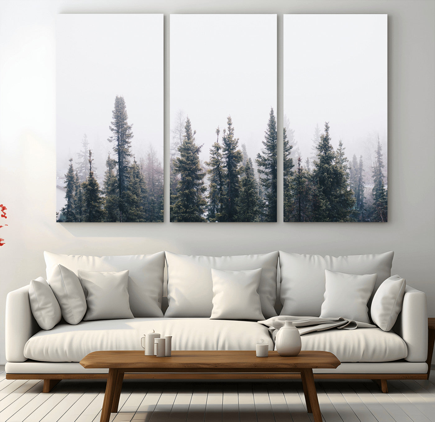 42364796-MGV-CV-36X24-Foggy Forest Wall Art Canvas Print, Framed Misty Pines Art Picture Print, Moody Woodland Perfect Scandinavian Minimalist Decor