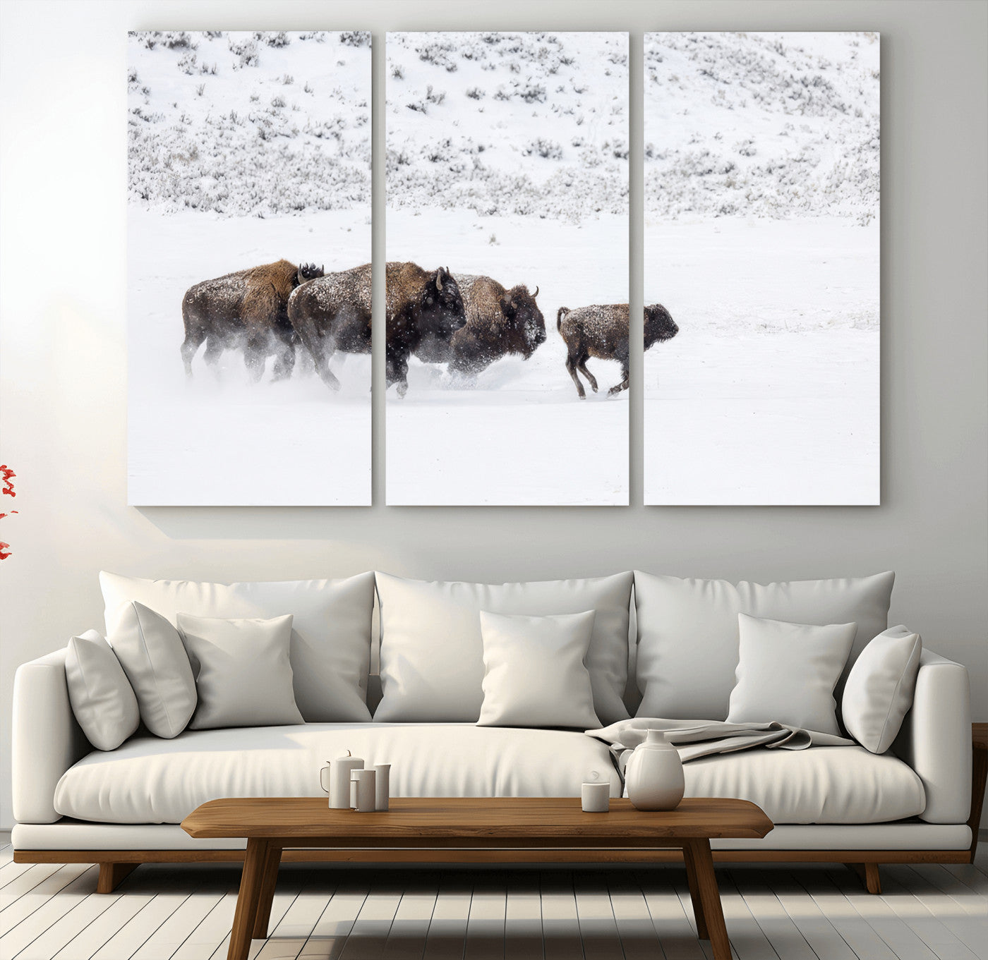 61161423-MGV-CV-36X24-Running Bison Herd Wall Art – Winter Buffalo Canvas Print, Wildlife Photography Decor for Rustic Living Room, Farmhouse, Lodge,
