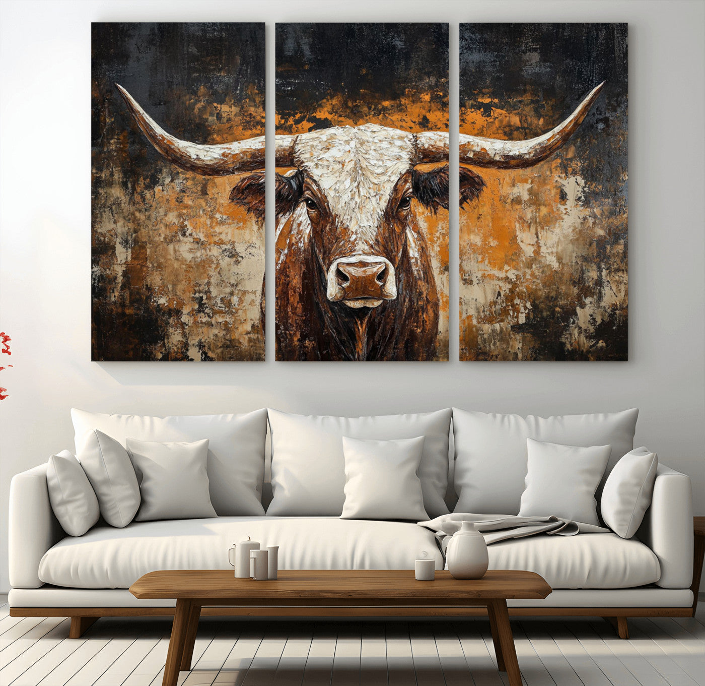 25265572-MGV-CV-36X24-Longhorn Bull Wall Art – Rustic Western Texas Steer Canvas Print, Textured Animal Painting for Home, Office, Man Cave or Farmhouse