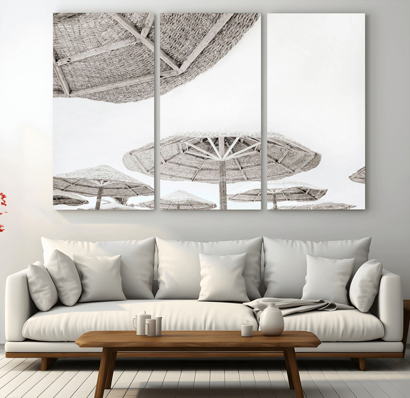 97043123-MGV-CV-36X24-Beach Umbrella Wall Art – Minimalist Coastal Canvas Print, Woven Parasol Summer Decor for Bedroom, Living Room, or Modern Beach