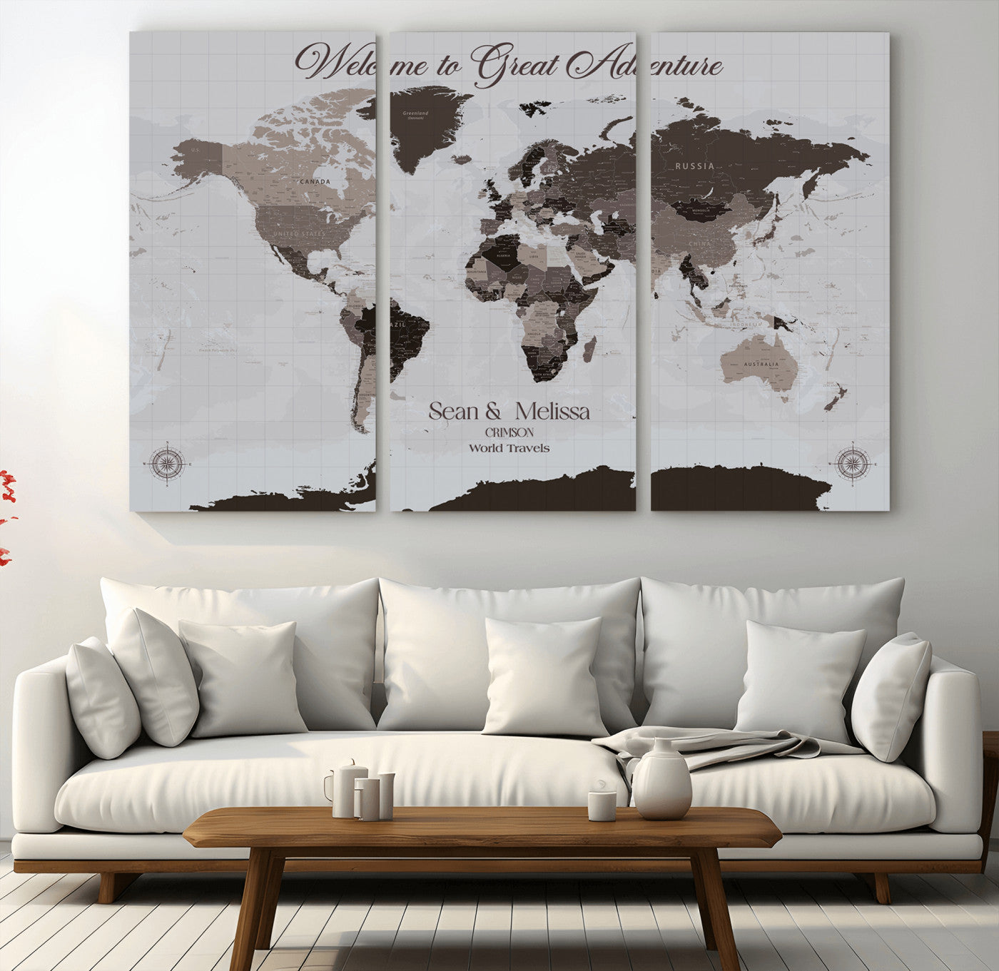 43749658-MGV-CV-36X24-Welcome to Great Adventure World Map Wall Art – Charcoal Gray Canvas Print, Rustic Travel Decor for Living Room, Study, Office or