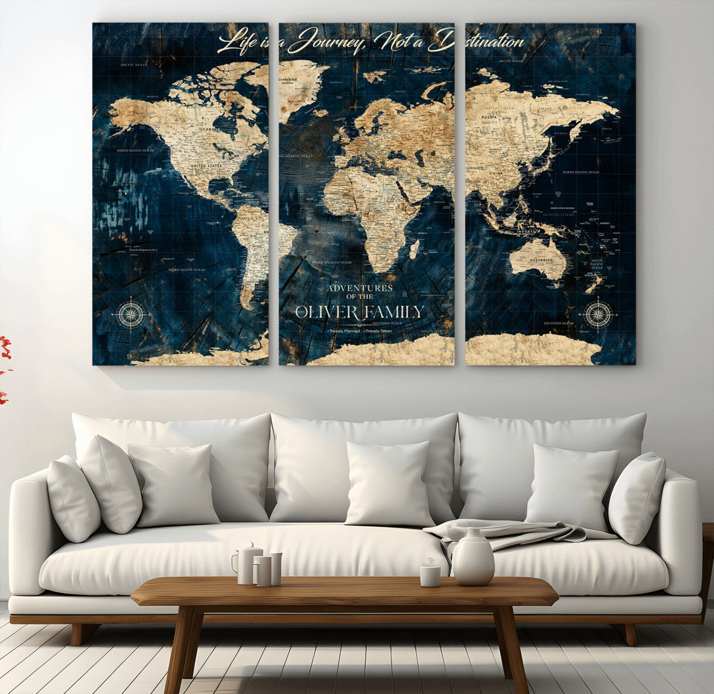 36970886-MGV-CV-36X24-Life is a Journey Not a Destination World Map Rustic Navy Beige Vintage Travel Wall Art Adventure Quote Canvas Print for Home