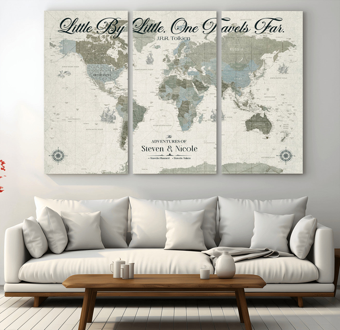 10693204-MGV-CV-36X24-Little By Little One Travels Far Tolkien Quote Blue Green World Map Adventure Wall Art Canvas Print Rustic Wanderlust Travel Decor