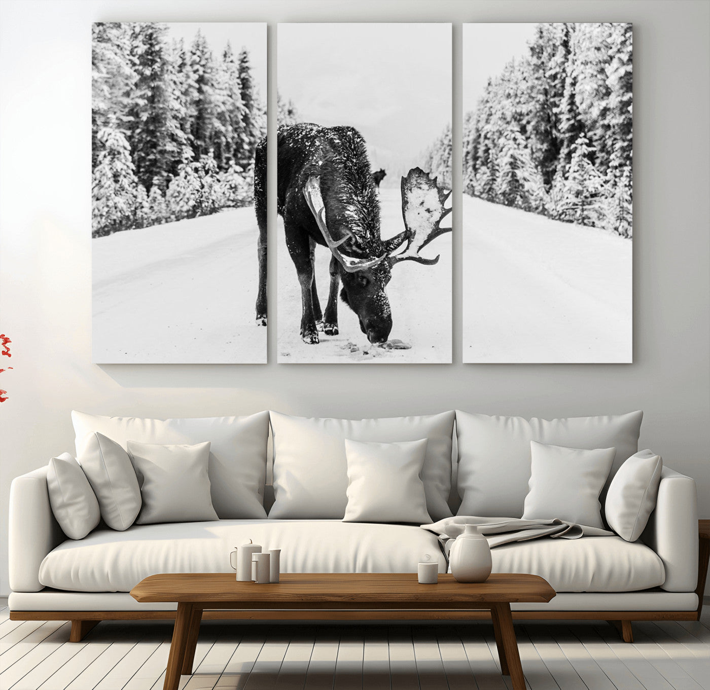 38956835-MGV-CV-36X24-Moose Wall Art – Black and White Wildlife Canvas Print with Snowy Forest Road, Rustic Nature Photography for Cabin, Lodge, Living