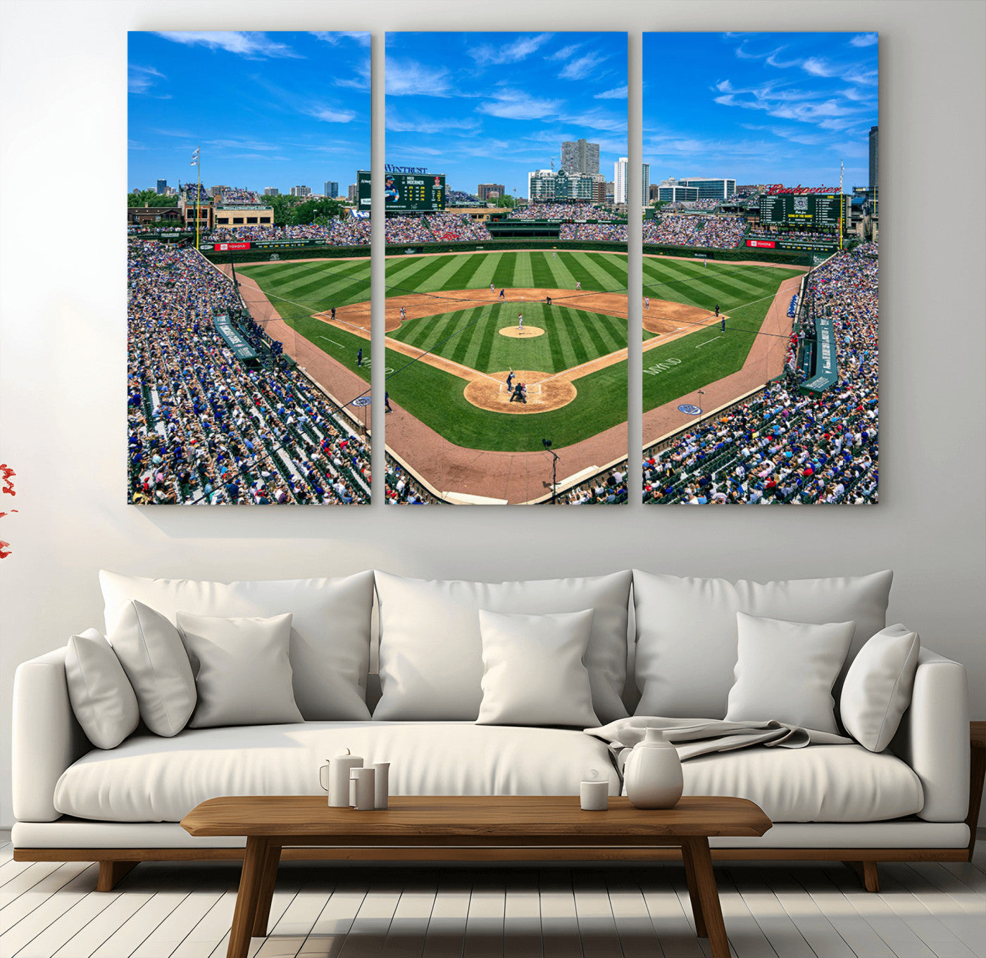 56213978-MGV-CV-36X24-Baseball Stadium Wall Art – Panoramic Ballpark Canvas Print with Fans, Green Field and City Skyline, Classic Sports Photography