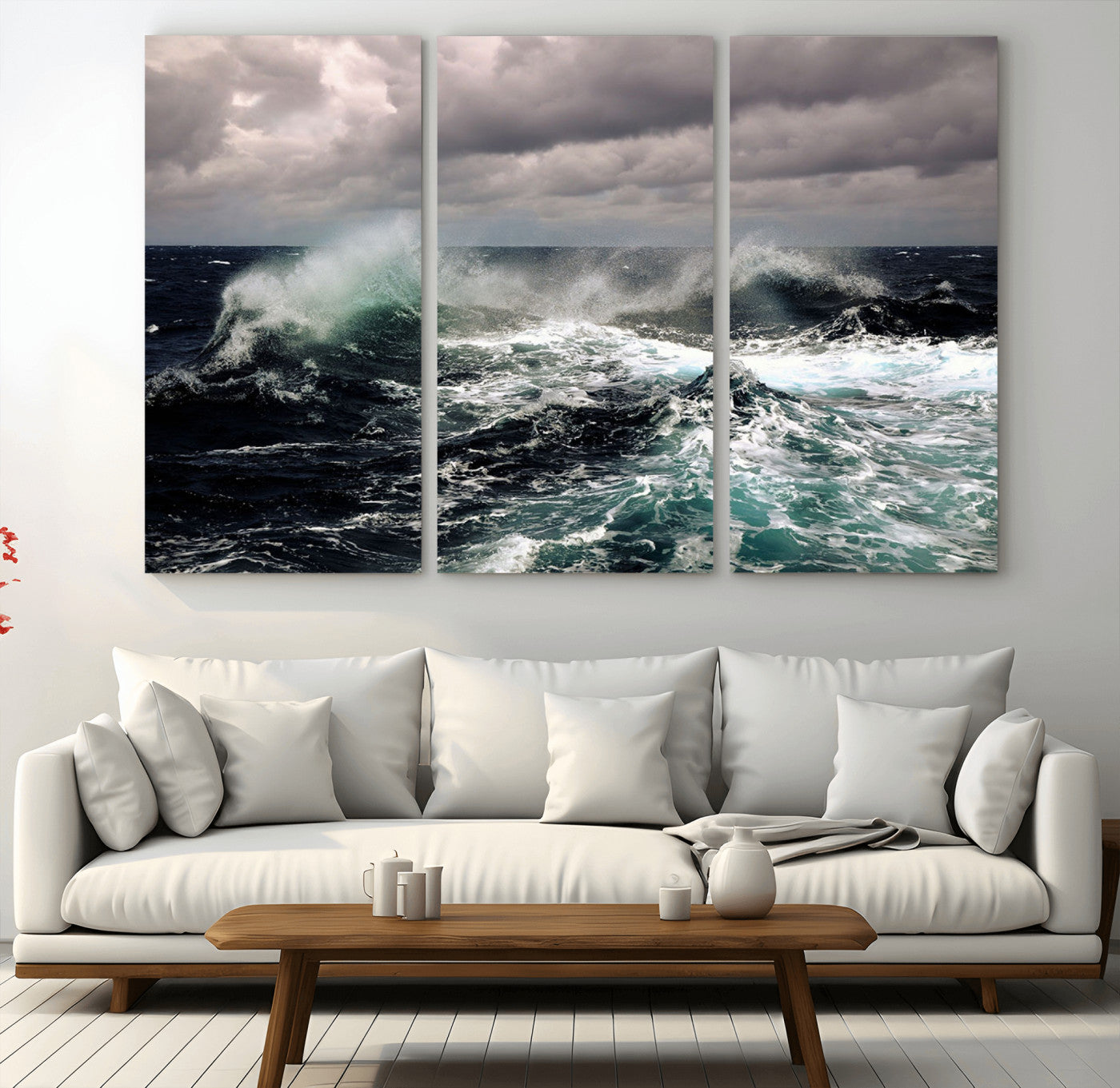 38622353-MGV-CV-48X32-3P-Stormy Ocean Waves Canvas Wall Art – Framed Turbulent Sea Print, Large Nature Canvas for Coastal, Living Room, or Office Spaces