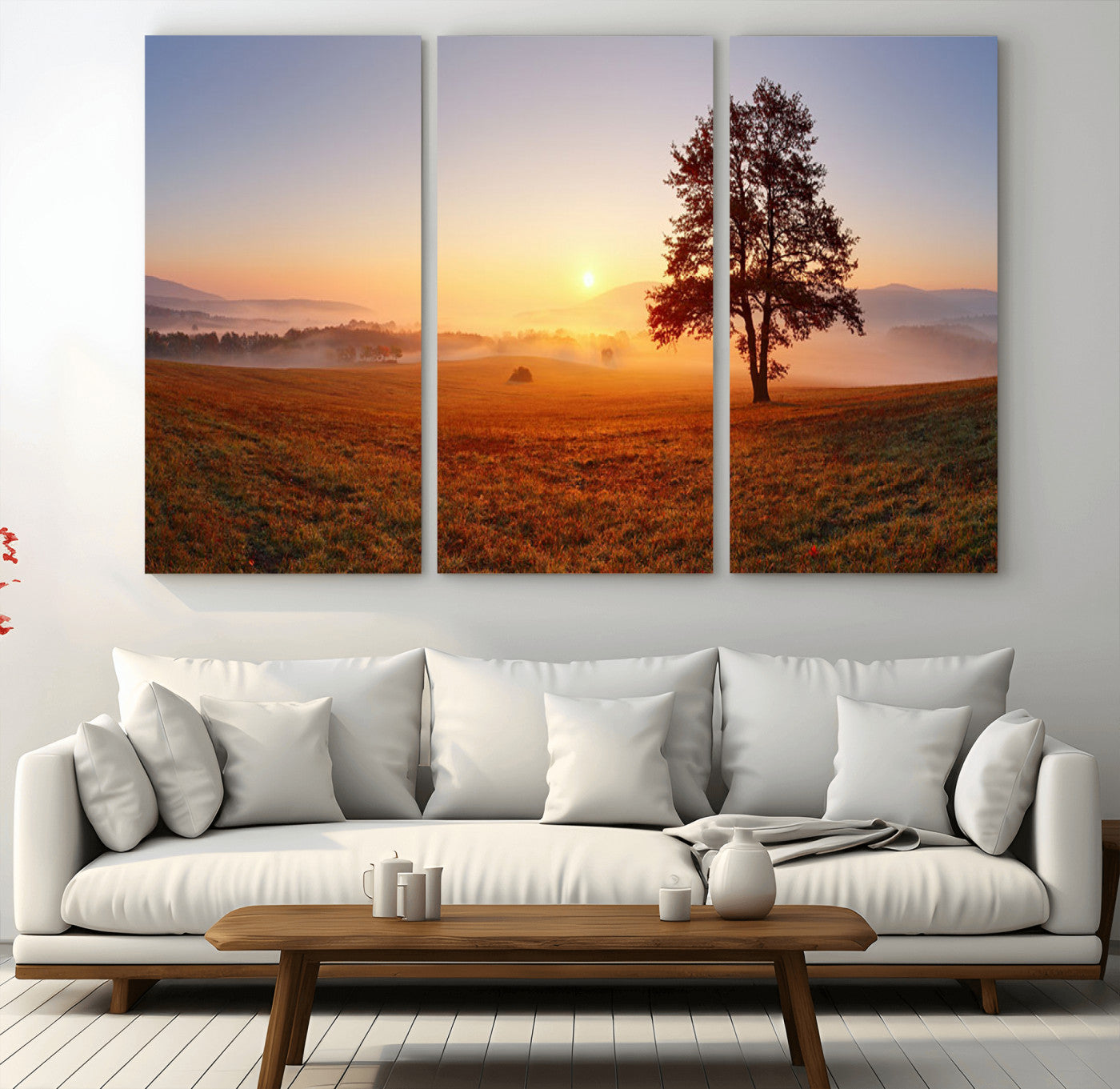 57919623-MGV-CV-48X32-3P-Golden Sunrise Landscape Canvas Wall Art - Framed Misty Field Print, Large Nature Canvas for Living Room, Office, or Home Decor