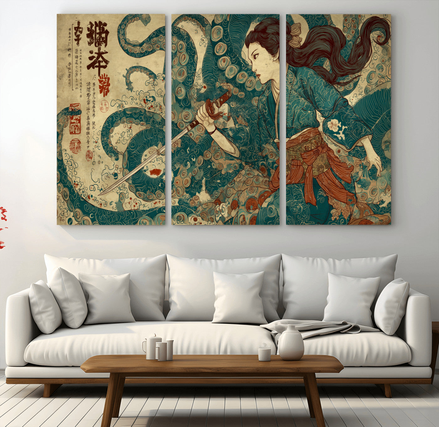 46837670-MGV-CV-48X32-3P-Tsukioka Yoshitoshi Samurai Wall Art Print, Japanese Katana Warrior Canvas Wall Art, Octopus Sea Monster Canvas Print,