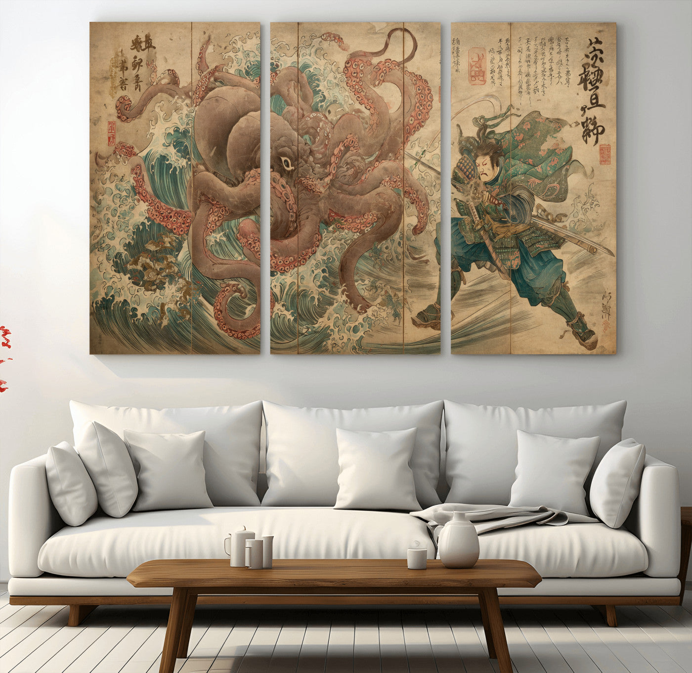 63782167-MGV-CV-48X32-3P-Tsukioka Yoshitoshi Samurai Wall Art Print, Japanese Katana Warrior Canvas Wall Art, Octopus Sea Monster Canvas Print,
