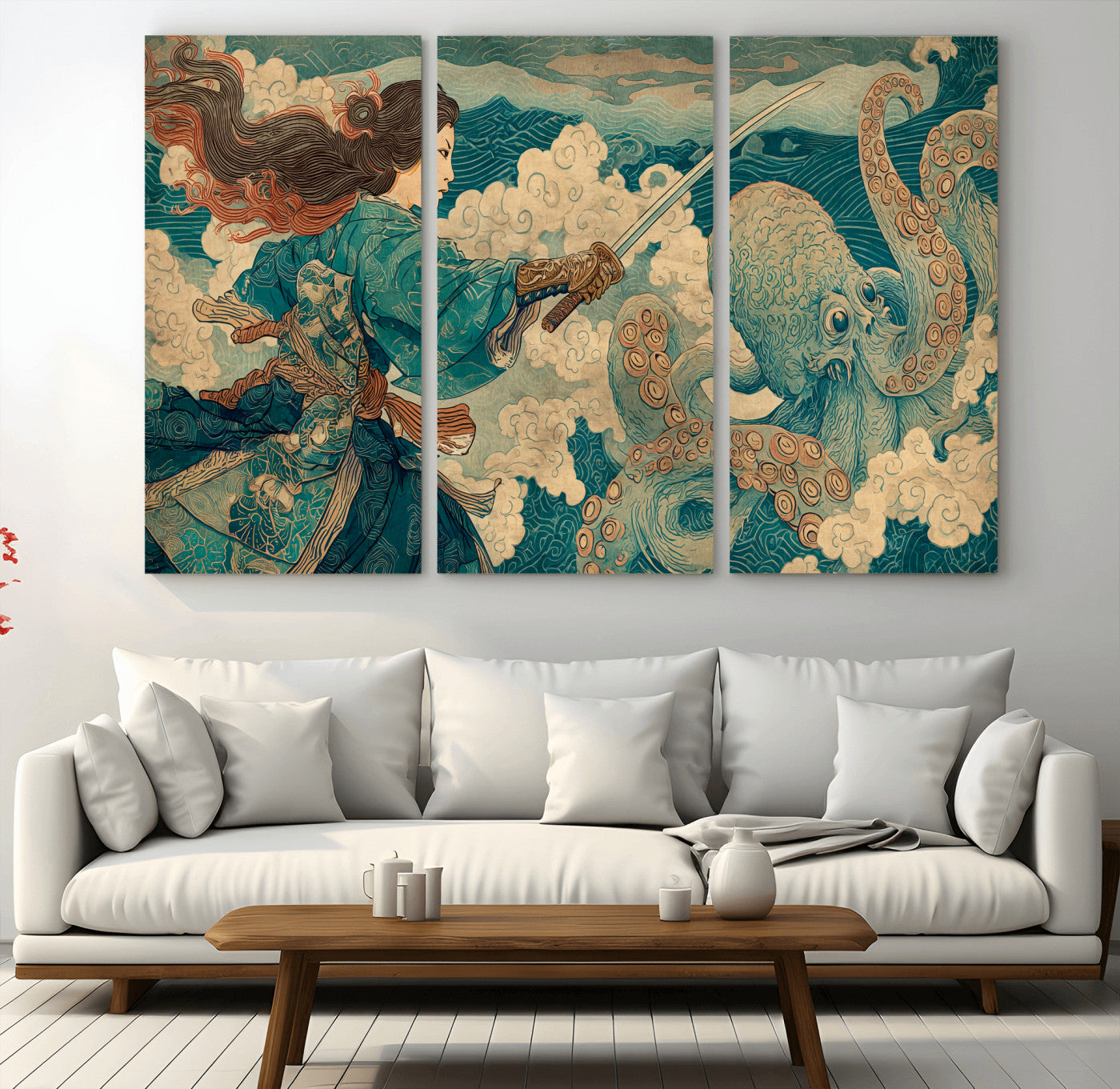 99764195-MGV-CV-48X32-3P-Samurai vs Octopus Wall Art – Japanese Ukiyo-e Style Warrior and Sea Monster Canvas Print, Mythology Inspired Artwork for Living