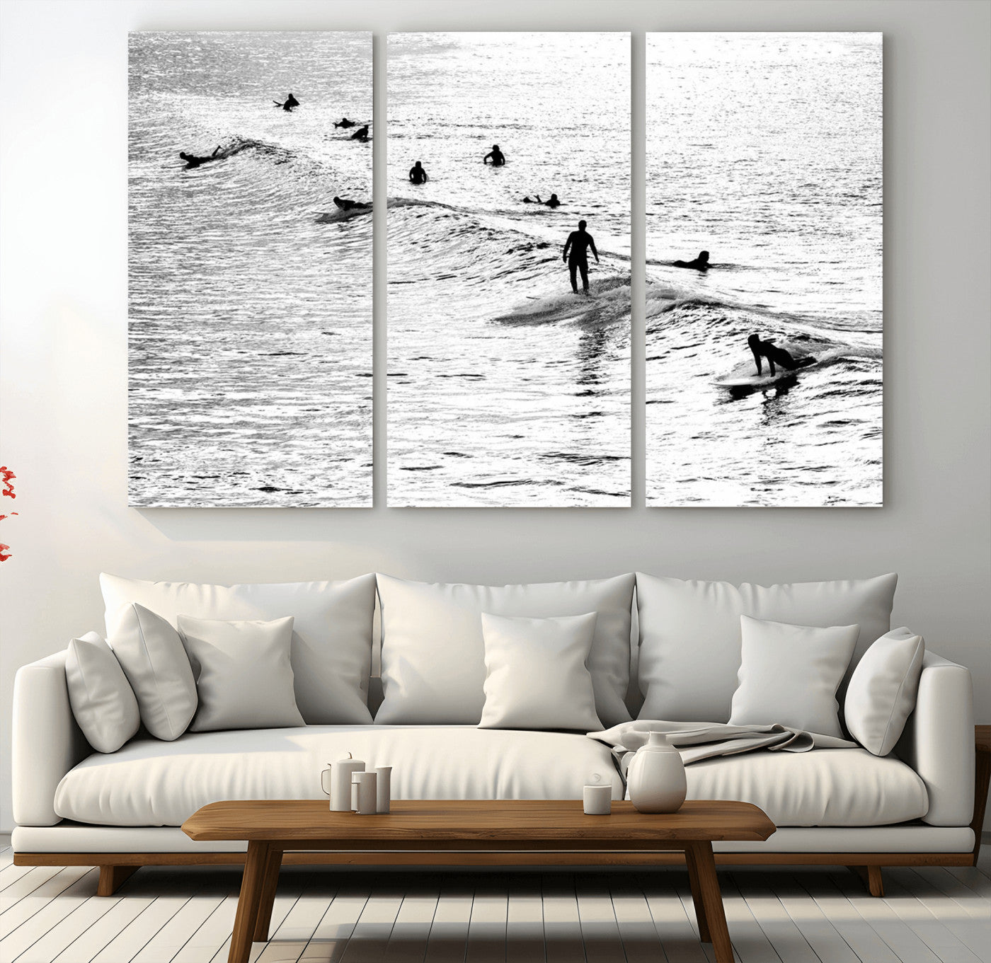 68018616-MGV-CV-36X24-Black and White Surf Photography Print – Minimalist Ocean Wall Art, Surfers Riding Waves, Coastal Beach Decor for Modern Home or