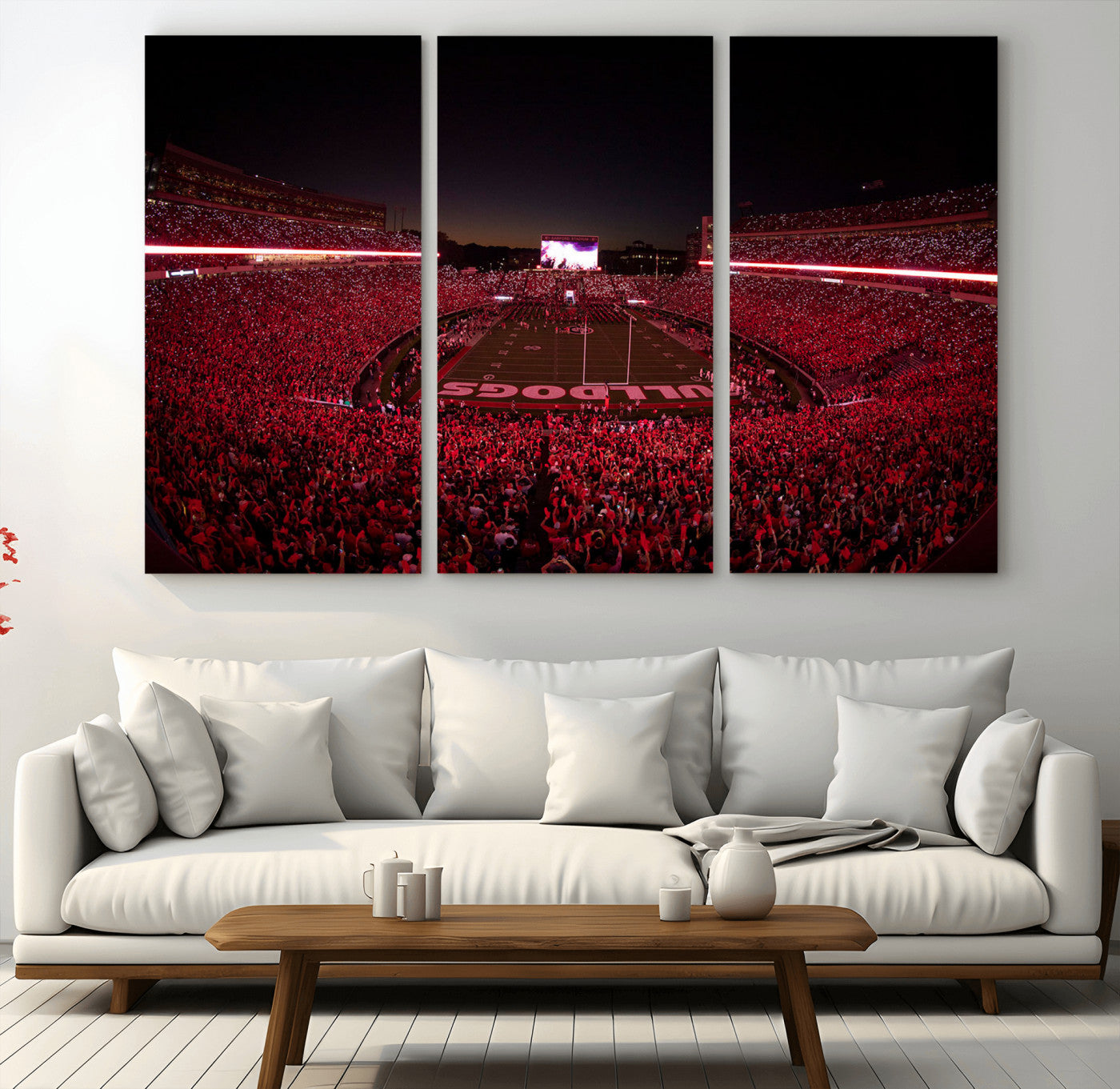38331045-MGV-CV-36X24-Sanford Stadium Wall Art – Panoramic Georgia Bulldogs Red Light Game Football Canvas Print, Night Crowd Sports Decor for Office,