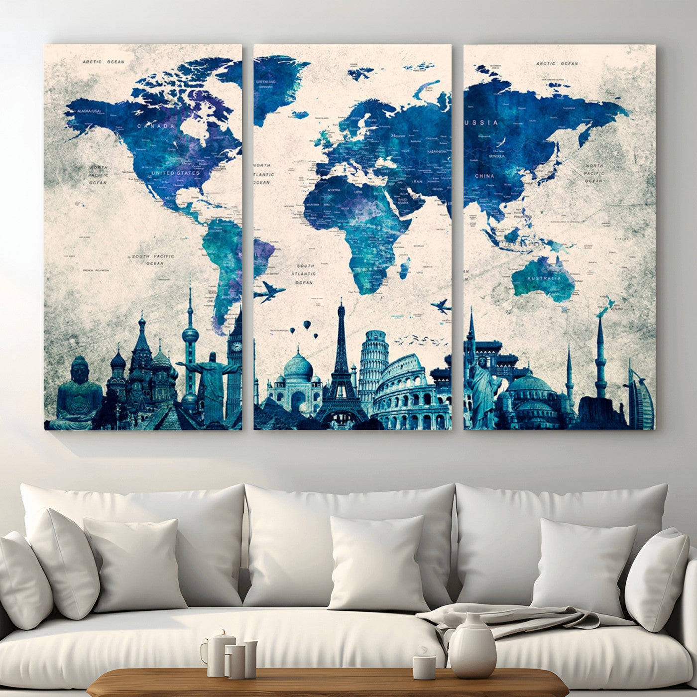 MGV-CV-48X32-3P - Blue World Map Wall Art Canvas Print, Framed Iconic Landmarks Art Picture Print, Blue Globe Map Perfect Elegant Explorer Decor Artwork