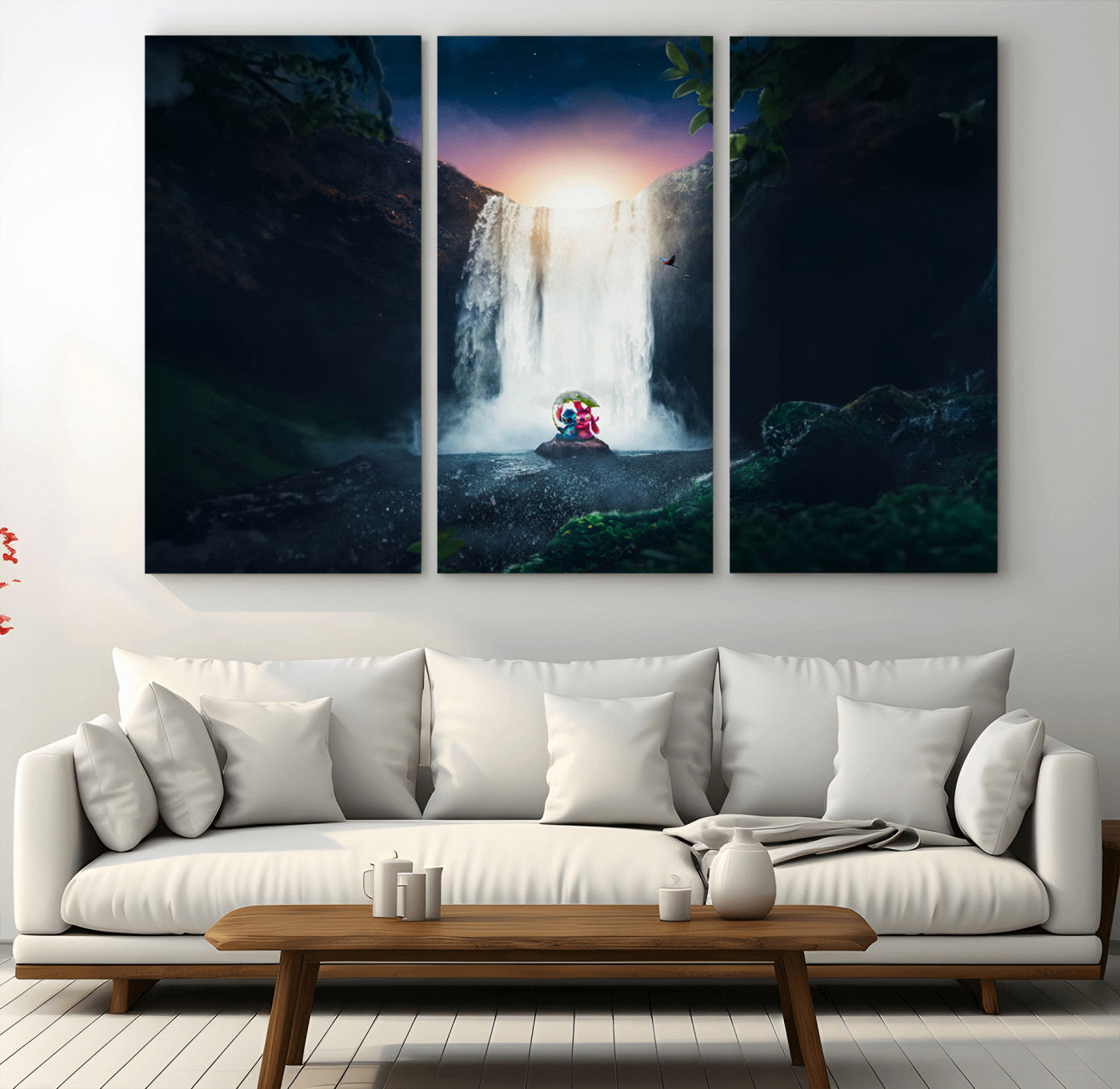 56359-MGV-CV-36X24-Lilo Stitch Wall Art Canvas Print, Framed Stitch Angel Art Picture Print, Cartoon Waterfall Perfect Tropical Fantasy Decor Artwork