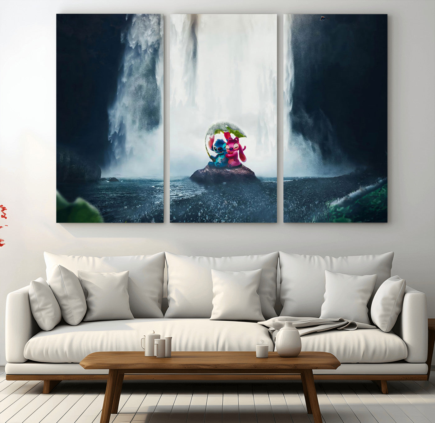 32259-MGV-CV-48X32-3P-Stitch Angel Wall Art Canvas Print, Framed Stitch Waterfall Art Picture Print, Cartoon Couple Perfect Moody Fantasy Decor Artwork