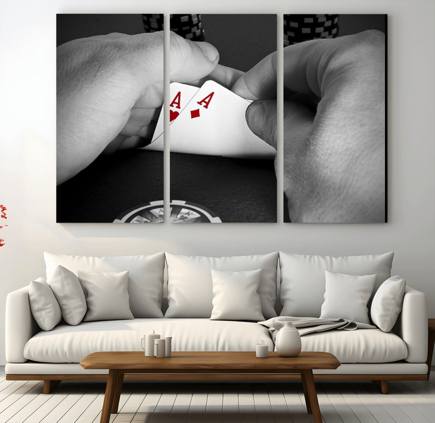 62460-MGV-CV-36X24-Poker Game Wall Art – Close Up of Hands Holding Aces with Chips, Casino Style Decor for Game Room, Man Cave or Office