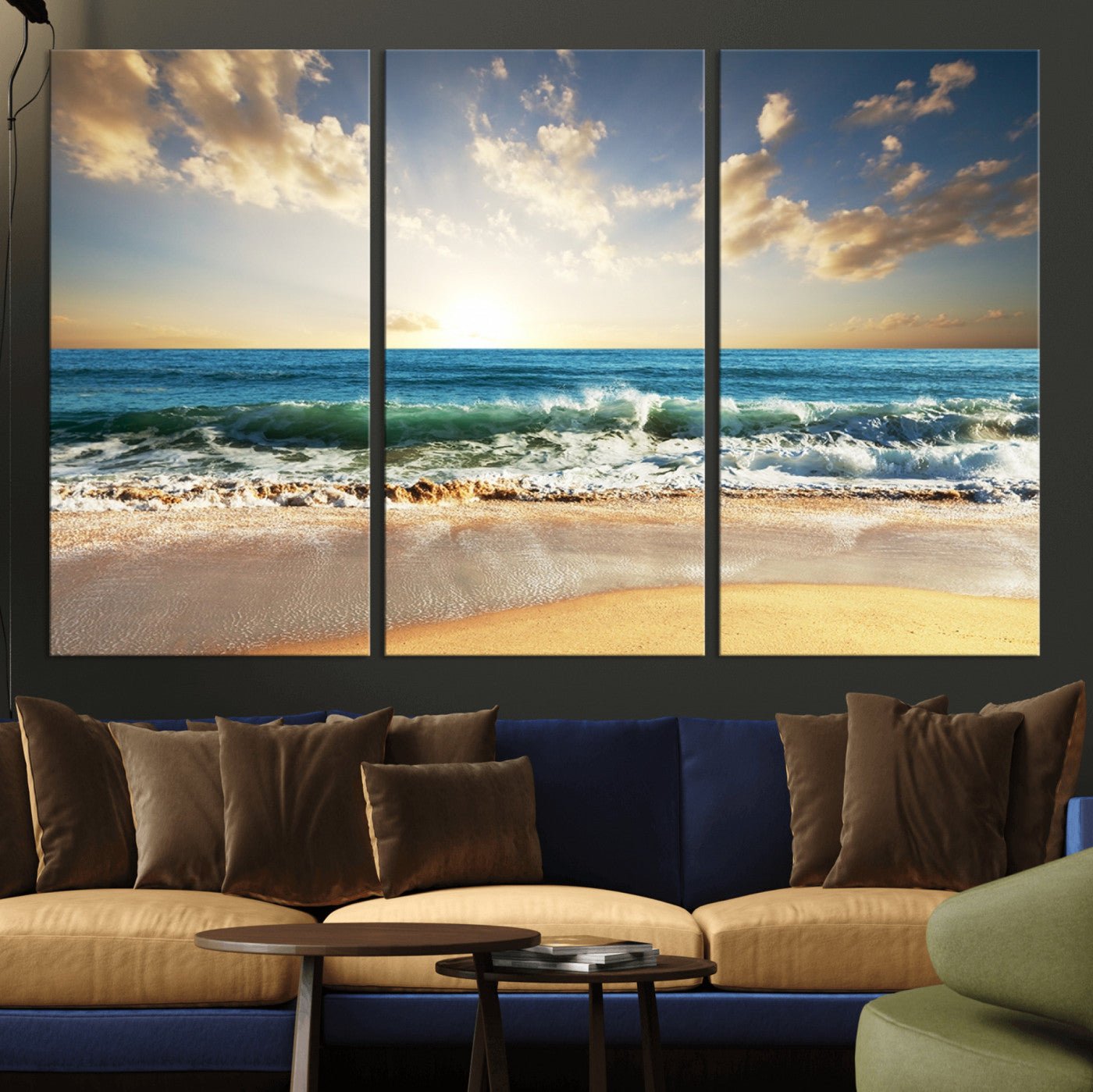 13139-MGV-CV-48X32-3P-Sunrise Beach Wall Art – Ocean Waves and Golden Sand Canvas Print, Coastal Home Decor for Living Room, Bedroom, or Office