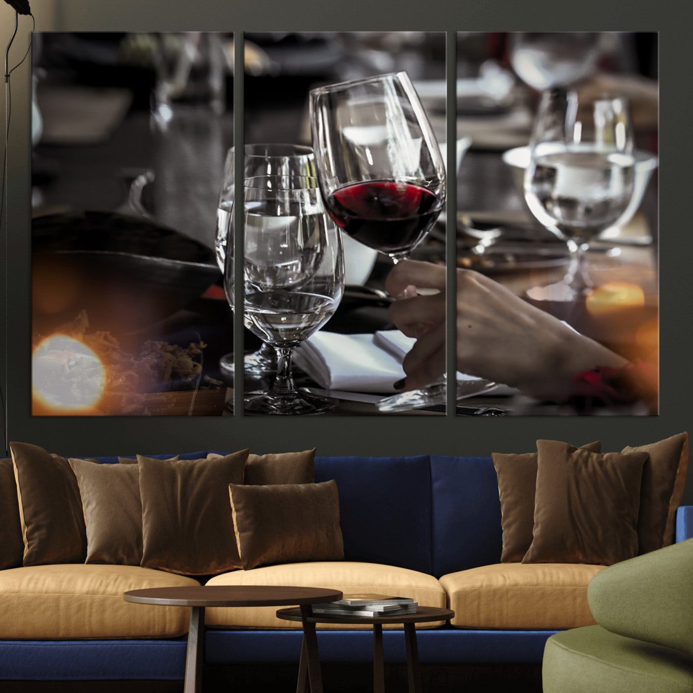 75513-MGV-CV-36X24-Elegant Wine Toast Wall Art – Close-Up Red Wine Glass at Dinner Table Canvas Print, Sophisticated Dining Room or Bar Decor