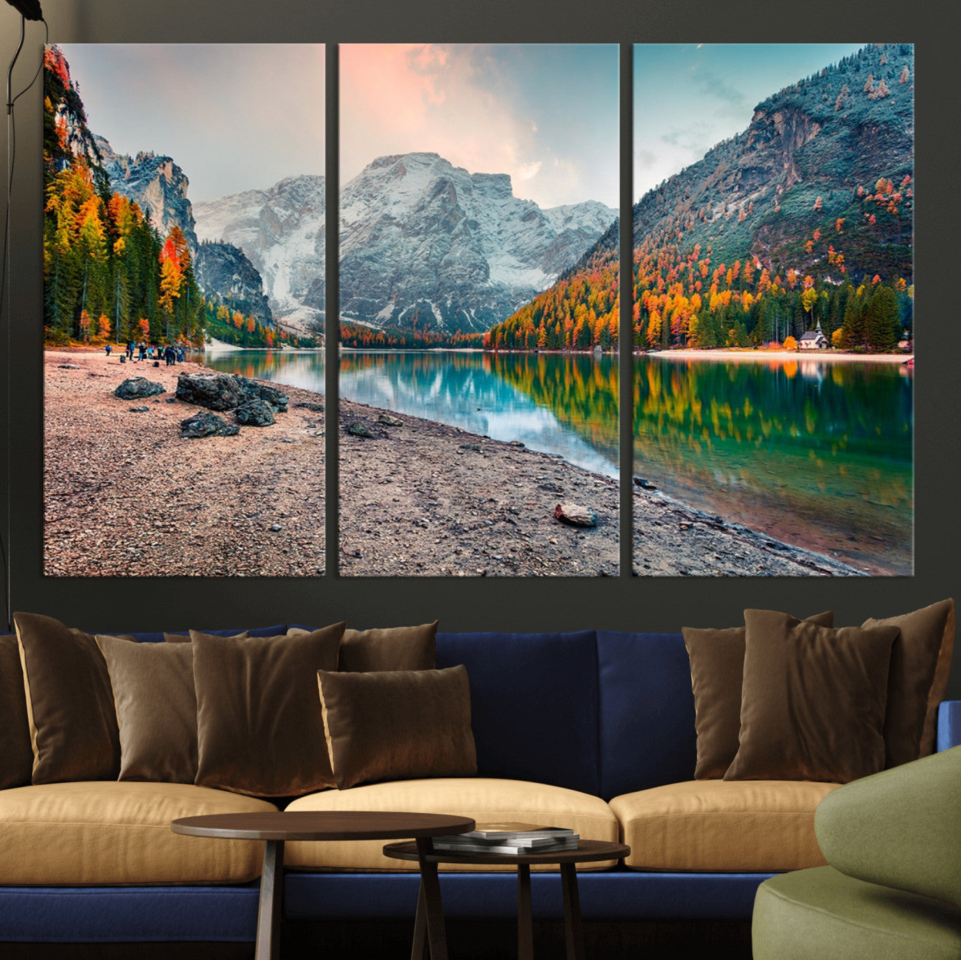 25982-MGV-CV-36X24-Autumn Mountain Lake Wall Art – Panoramic Fall Foliage and Snowy Peaks Canvas Print, Scenic Nature Decor for Living Room or Office