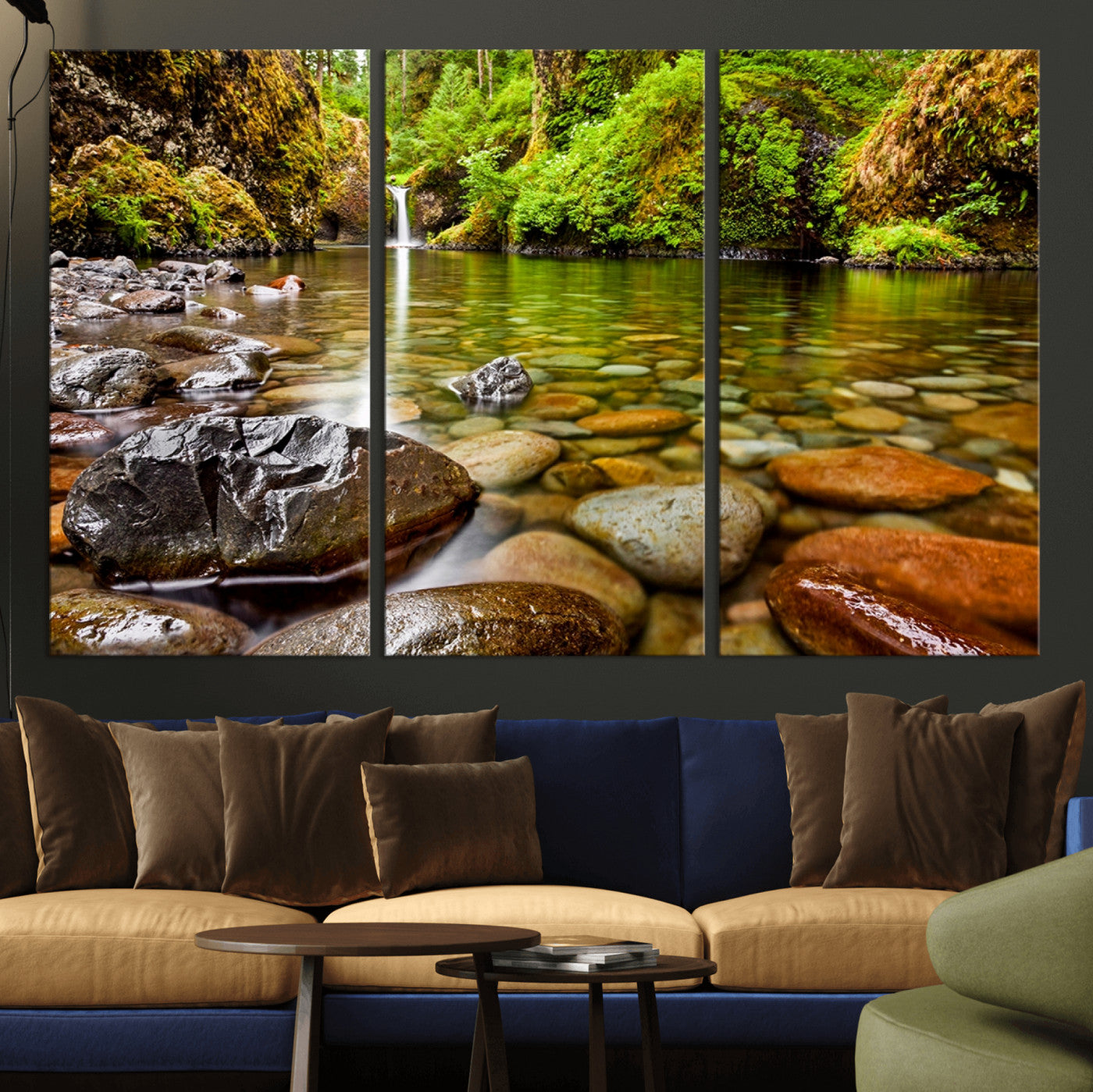 98096-MGV-CV-36X24-Serene River Waterfall Nature Photo – Calm Clear Water, Vibrant Green Forest and Smooth Stones Landscape Wall Art for Home or