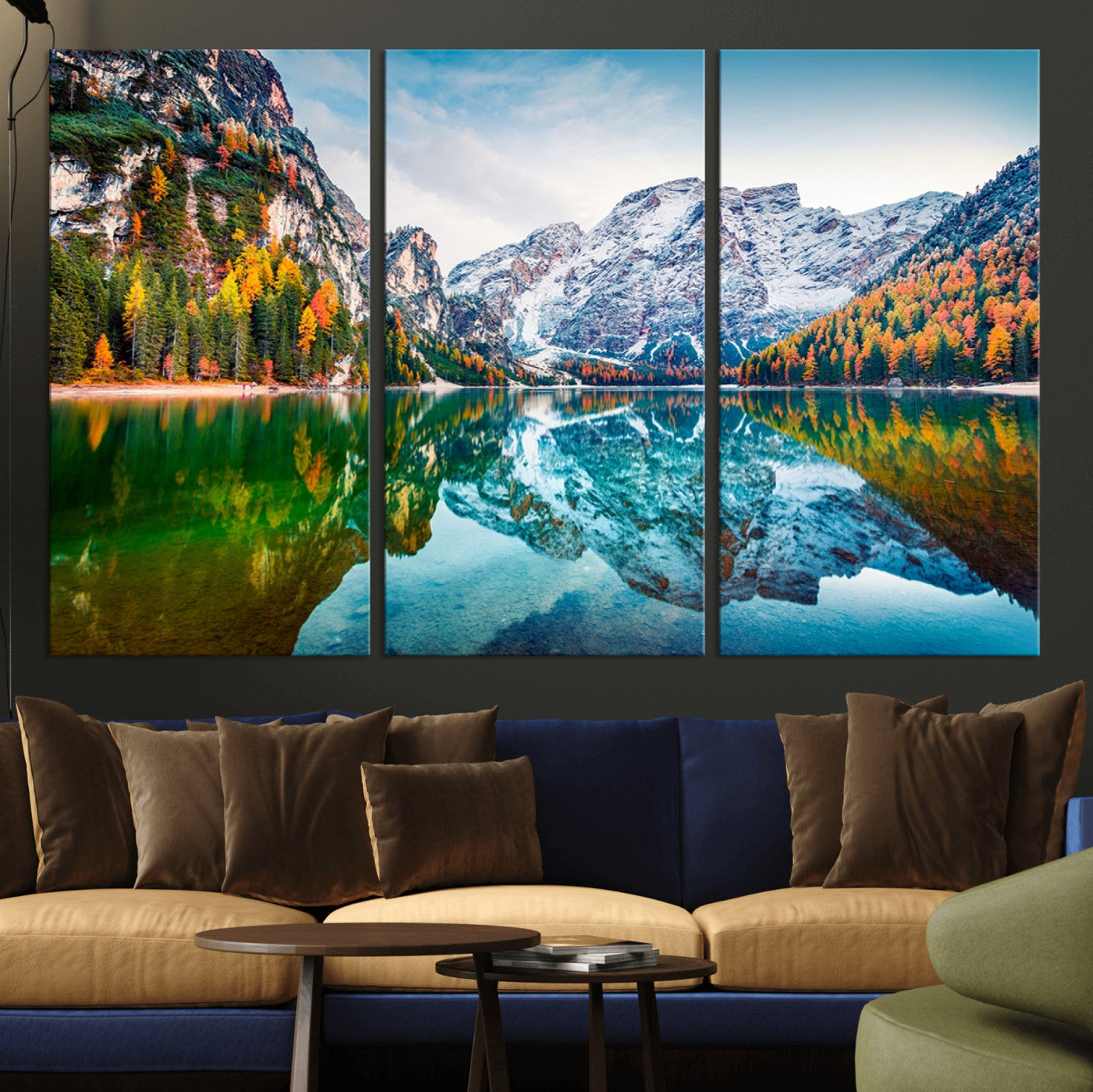 10402-MGV-CV-48X32-3P-Snowy Mountain Lake Wall Art – Autumn Landscape Canvas Print with Reflection, Nature Decor for Living Room, Office, Bedroom or