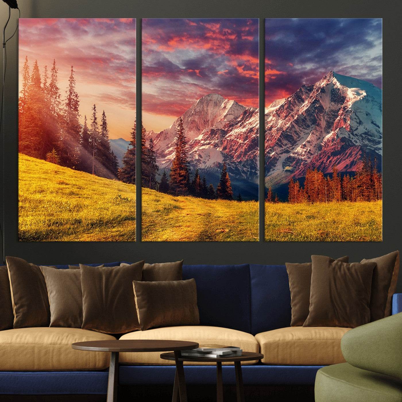 83947-MGV-CV-36X24-Sunset Mountain Landscape Wall Art – Panoramic Alpine Meadow and Snow Capped Peaks Canvas Print, Nature Scenic Decor for Home,