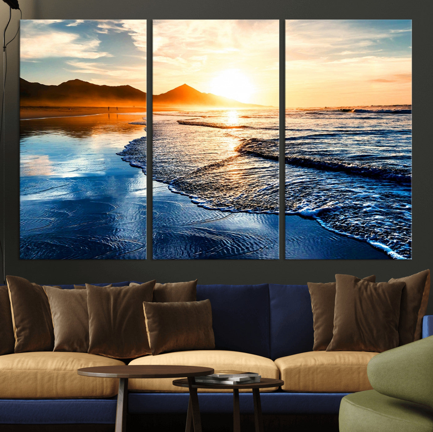 86173-MGV-CV-36X24-Golden Sunset Beach Wall Art – Reflective Ocean Canvas Print with Mountains and Waves, Coastal Nature Decor for Living Room,