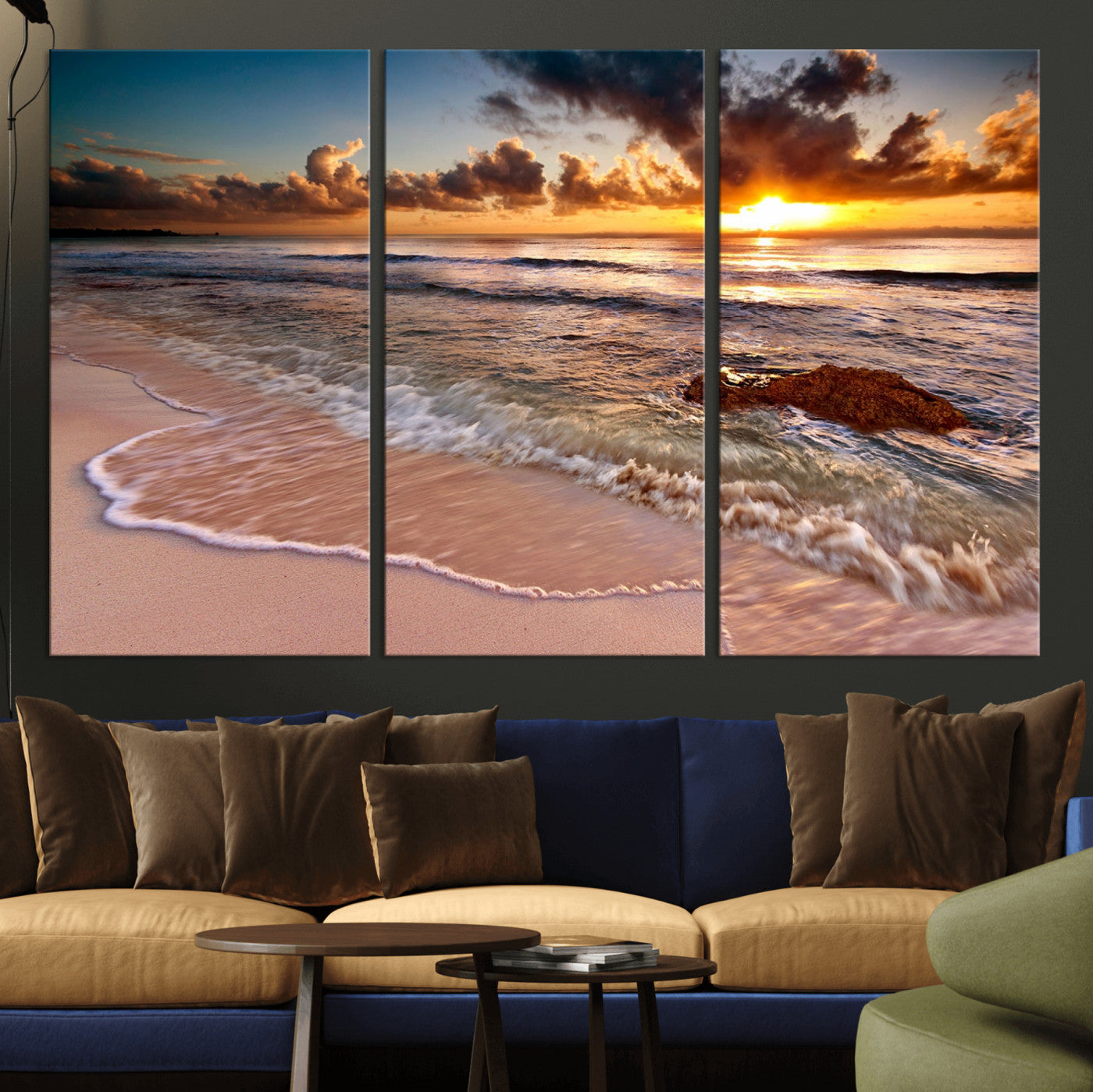 38302-MGV-CV-36X24-Sunset Beach Wall Art – Stunning Ocean Waves and Rock Canvas Print, Warm Coastal Decor for Living Room, Bedroom, Office or Beach