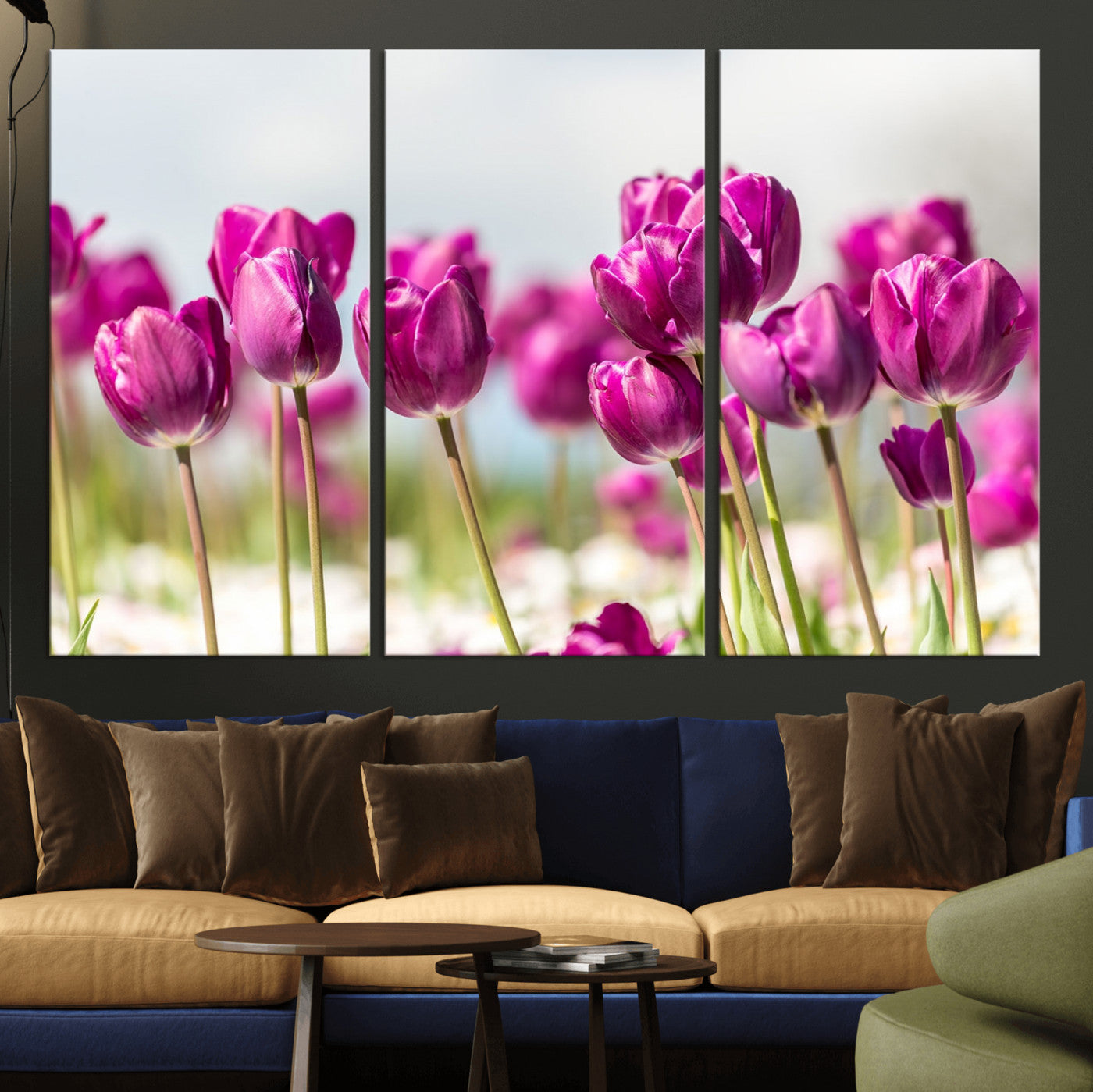 30632-MGV-CV-36X24-Purple Tulip Field Wall Art – Beautiful Spring Flowers Canvas Print with Soft Focus and Bright Sky, Ideal Floral Decor for Home or