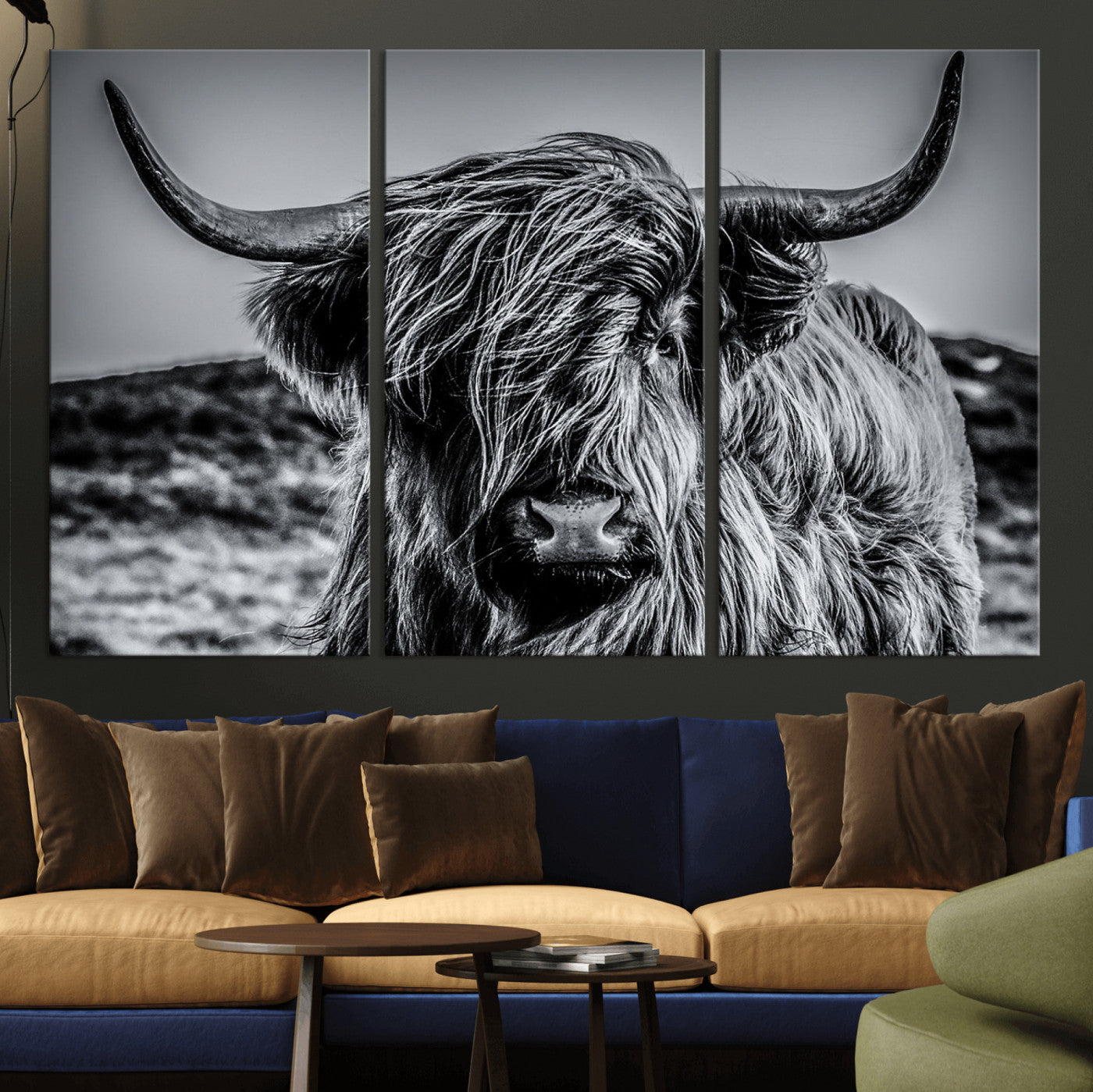 97372-MGV-CV-36X24-Elegant Highland Cow Wall Art – Black and White Canvas Print, Rustic Nature Decor for Home, Office, Living Room or Man Cave