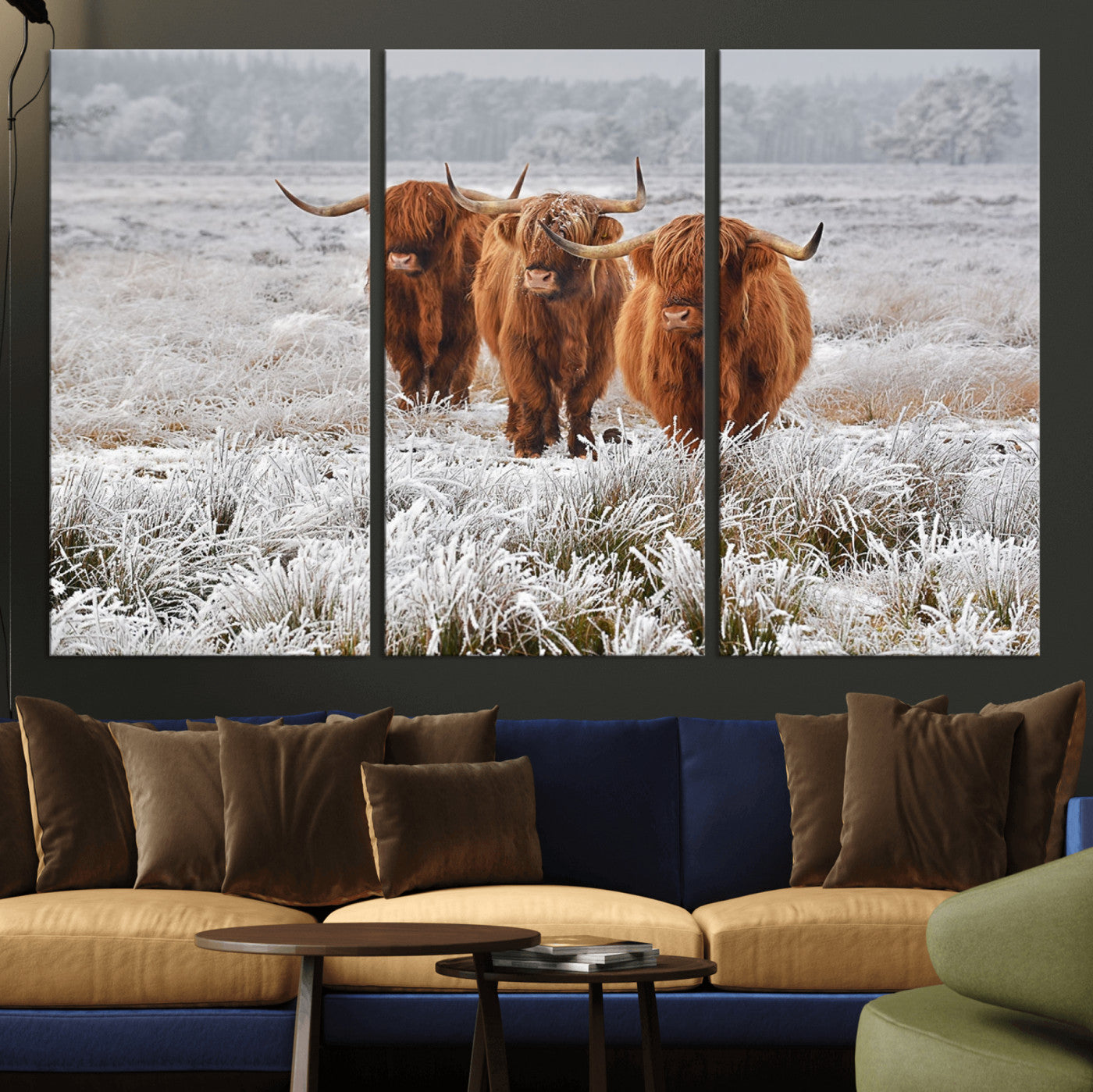 10396-MGV-CV-36X24-Highland Cattle Wall Art – Rustic Winter Landscape Canvas Print, Farmhouse Decor for Living Room, Office, Cabin or Country Home