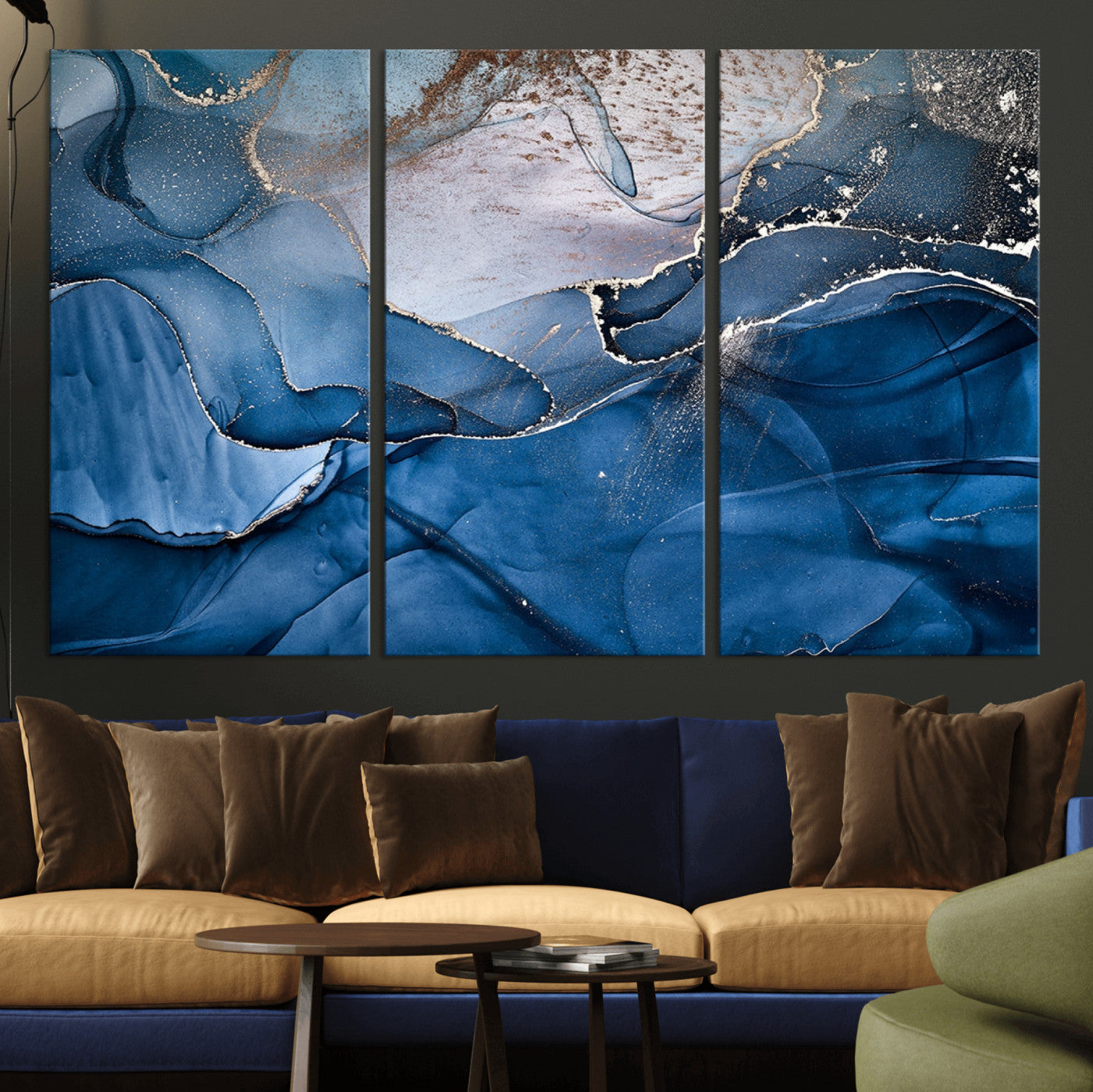 27810-MGV-CV-36X24-Abstract Blue Gold Fluid Art Wall – Modern Canvas Print, Elegant Home & Office Wall Art, Stylish Living Room or Bedroom Decor