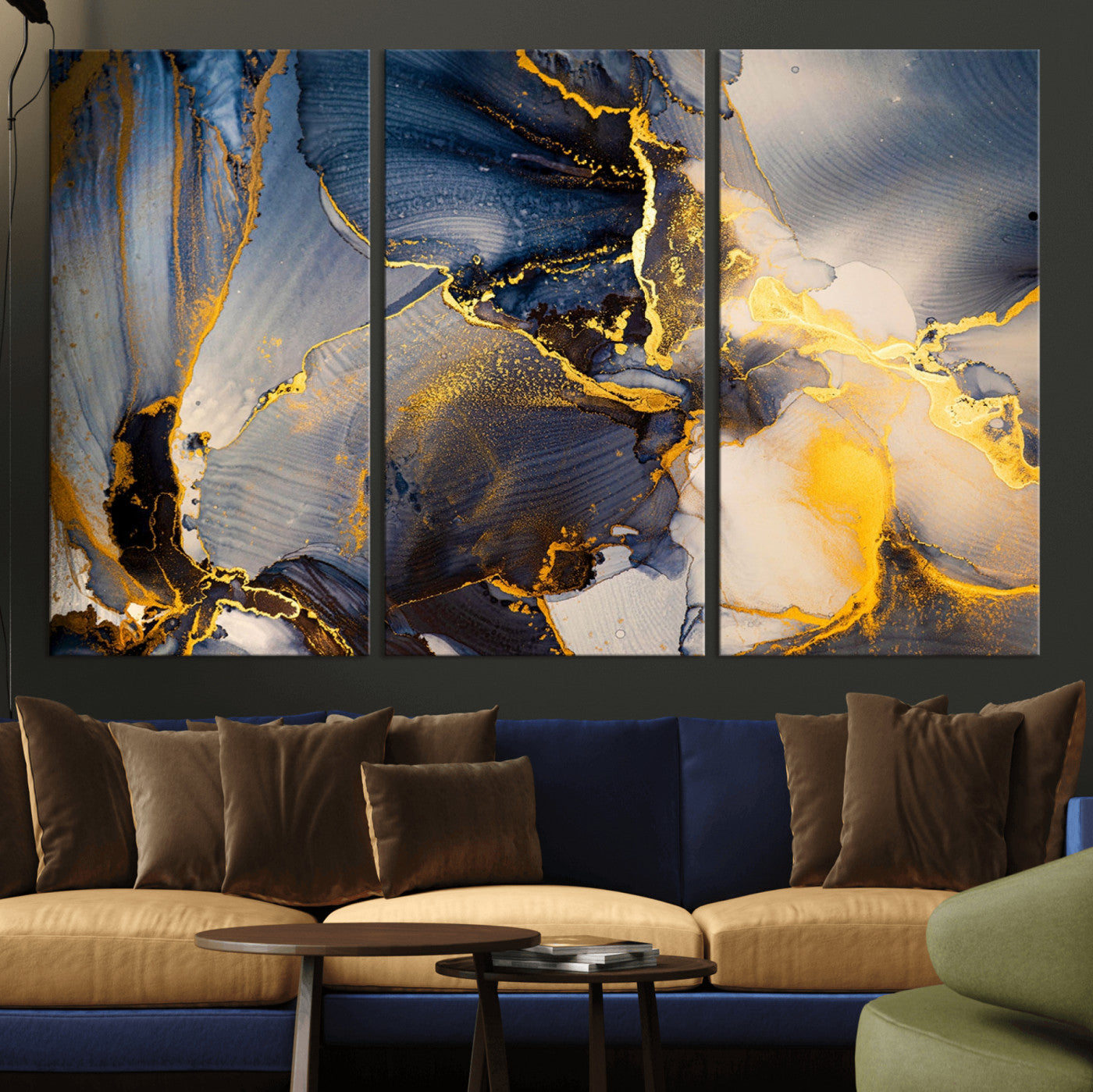 42100-MGV-CV-36X24-Golden Flow Abstract Wall Art – Panoramic Modern Blue and Gold Canvas Print, Contemporary Artistic Decor for Home, Office