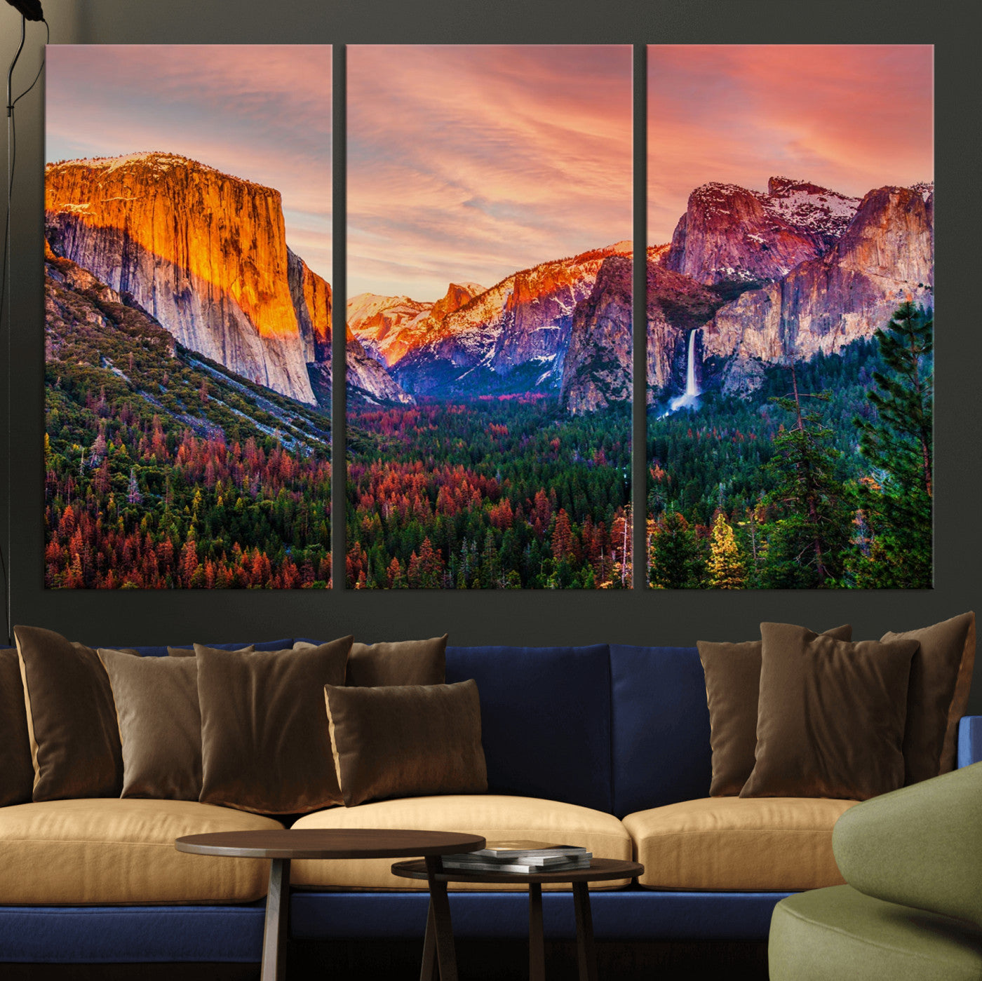 24519-MGV-CV-36X24-Yosemite Valley Sunset Wall Art – Majestic Mountain Landscape with Waterfall and Vibrant Sky, Nature Photography for Home or