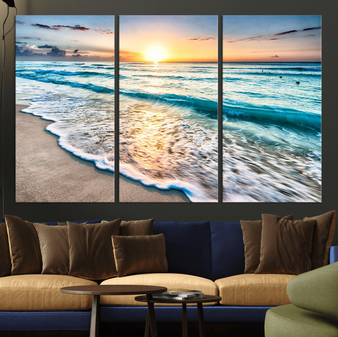 27815-MGV-CV-36X24-Ocean Sunrise Beach Wall Art – Serene Coastal Canvas Print with Waves and Golden Morning Light, Relaxing Seascape Decor for