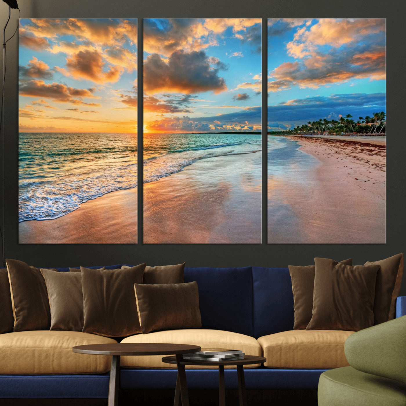41572-MGV-CV-36X24-Sunset Beach Wall Art – Ocean Waves and Palm Trees Canvas Print, Tropical Coastal Sunset Seascape Decor for Living Room, Bedroom