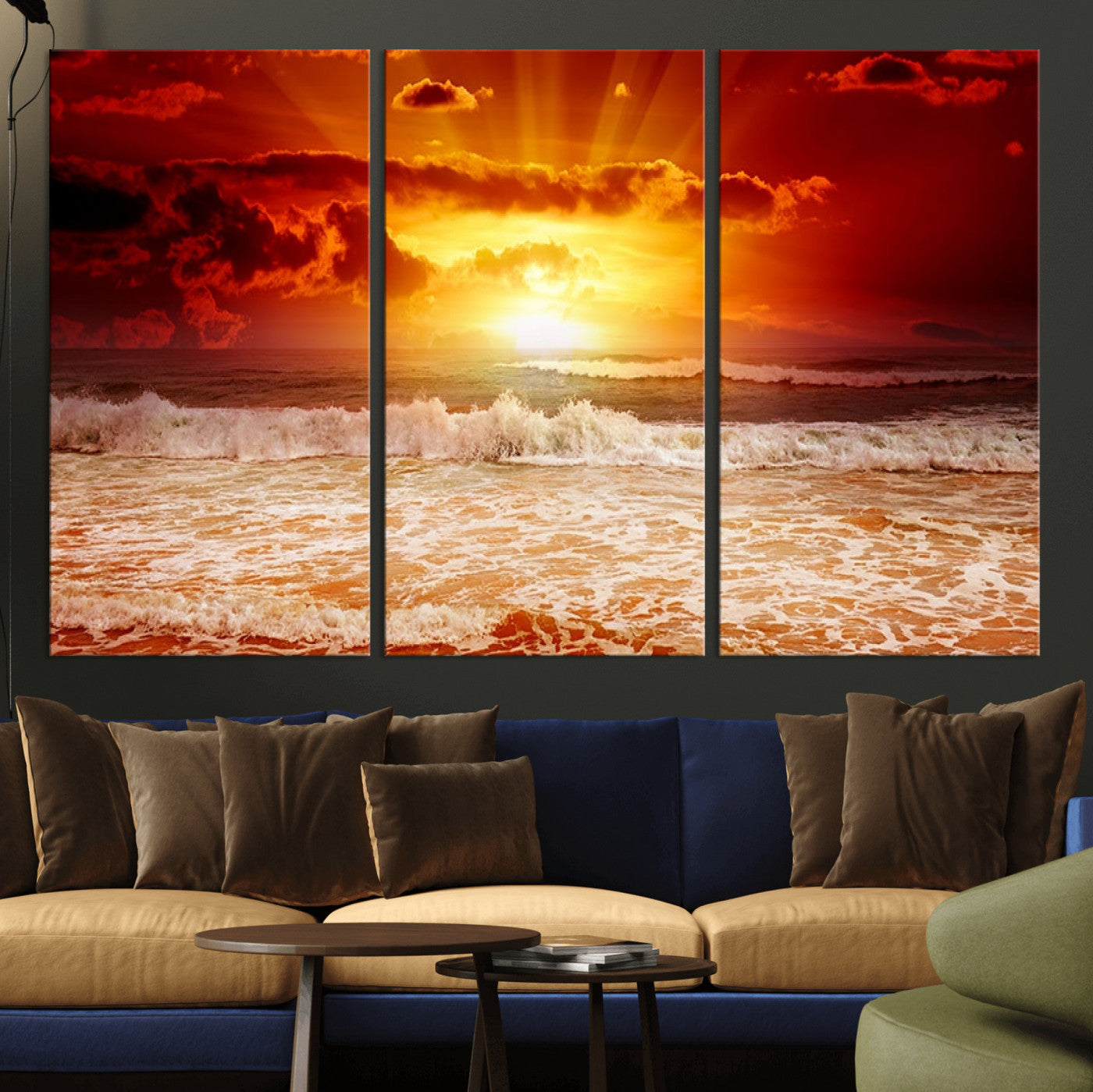 60211-MGV-CV-36X24-Fiery Sunset Ocean Wall Art – Red Sky Seascape Canvas Print with Waves, Bold Coastal Sunset Decor for Living Room or Bedroom