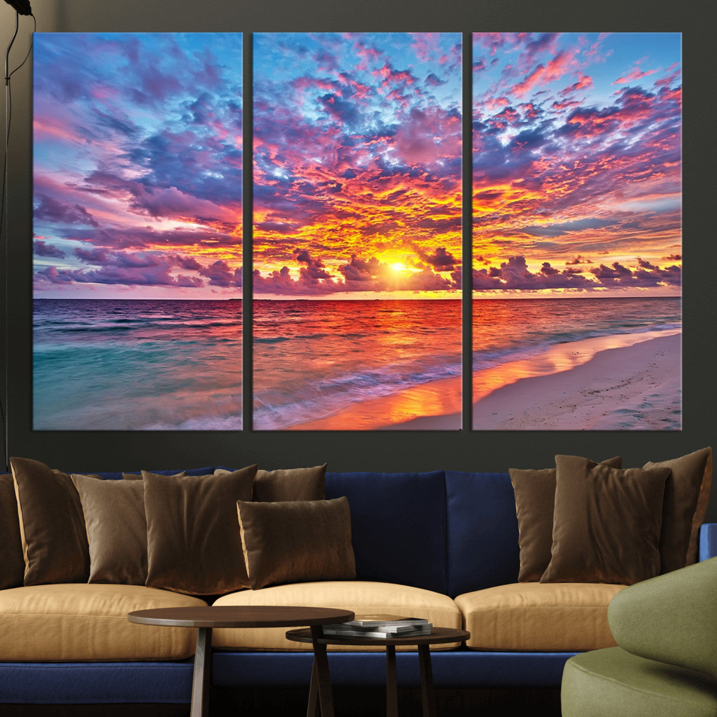 72836-MGV-CV-36X24-Fiery Sunset Beach Wall Art – Panoramic Vibrant Ocean Canvas Print, Dramatic Coastal Decor for Living Room, Bedroom or Office