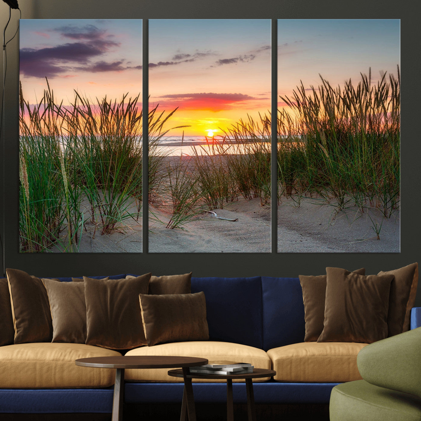 25576-MGV-CV-36X24-Beach Grass Sunset Wall Art – Coastal Sand Dune Landscape Canvas Print, Ocean View Nature Decor for Living Room or Office Wall
